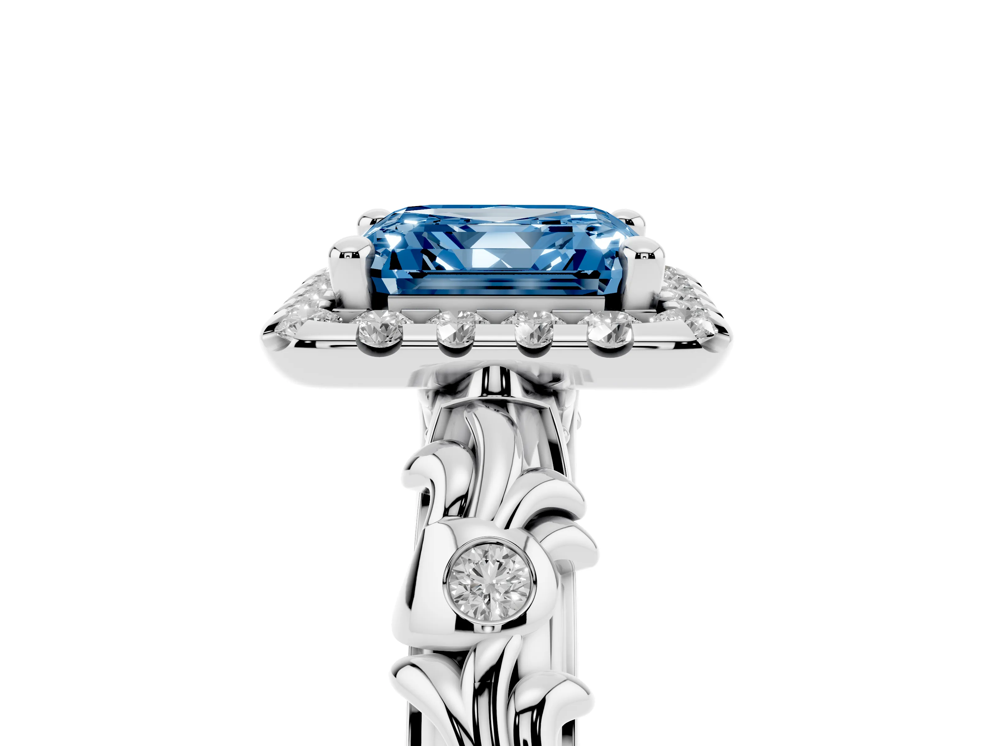 Fancy Blue Asscher Cut Diamond Halo Ring Set in White gold with Filigree Leaf Band and Prong Setting