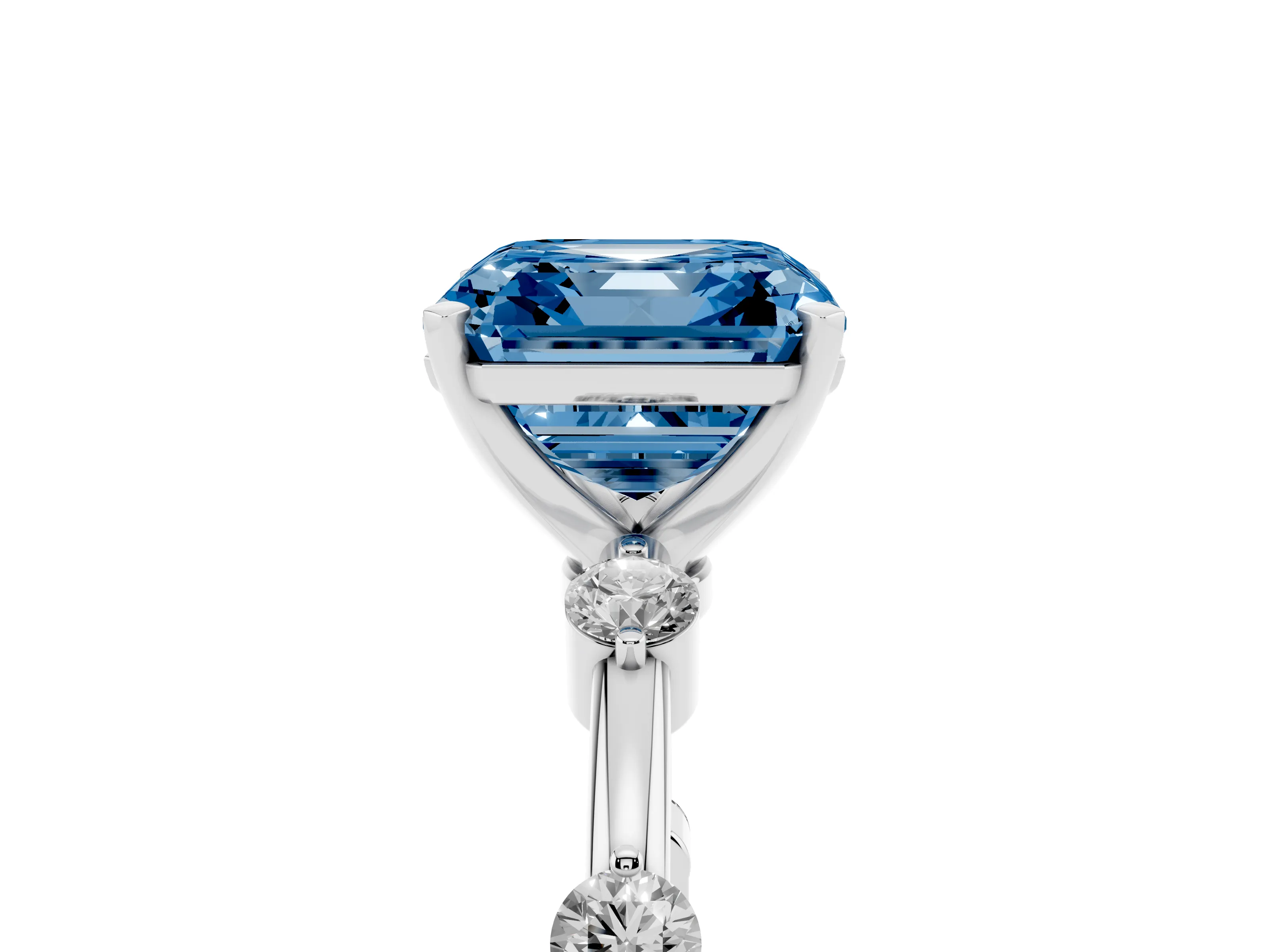 Fancy Blue Asscher Cut Diamond Solitaire Ring Set in Silver with Bezel Set Side Stones and Prong Setting