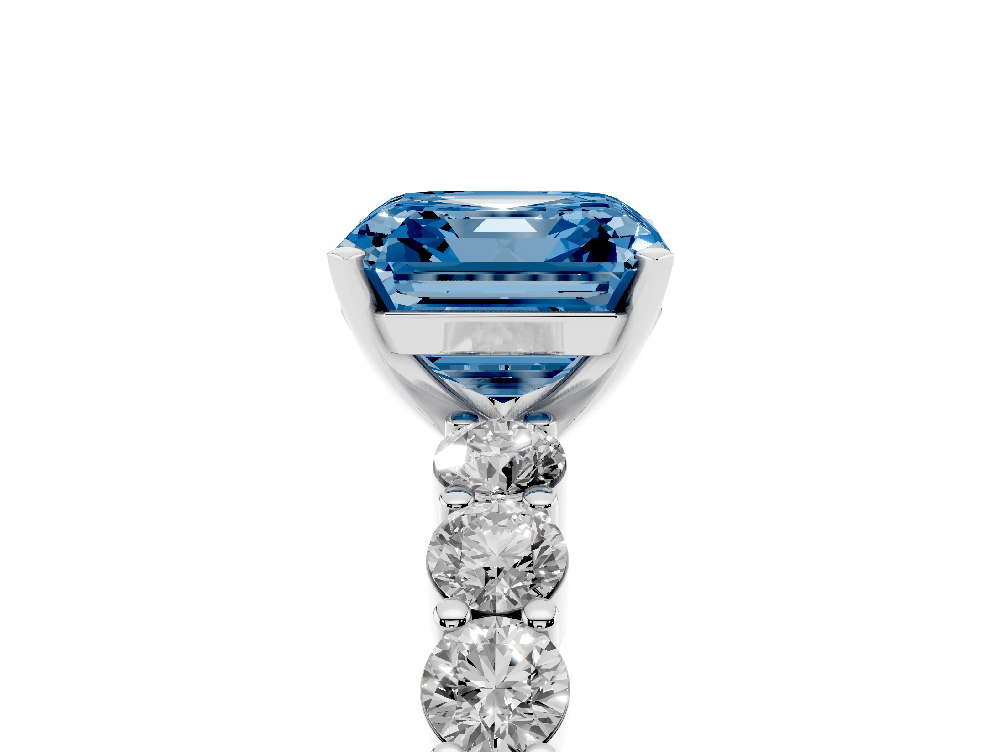Fancy Blue Asscher Cut Diamond Solitaire Ring Set in Silver with Shared Prong Round Side Stones