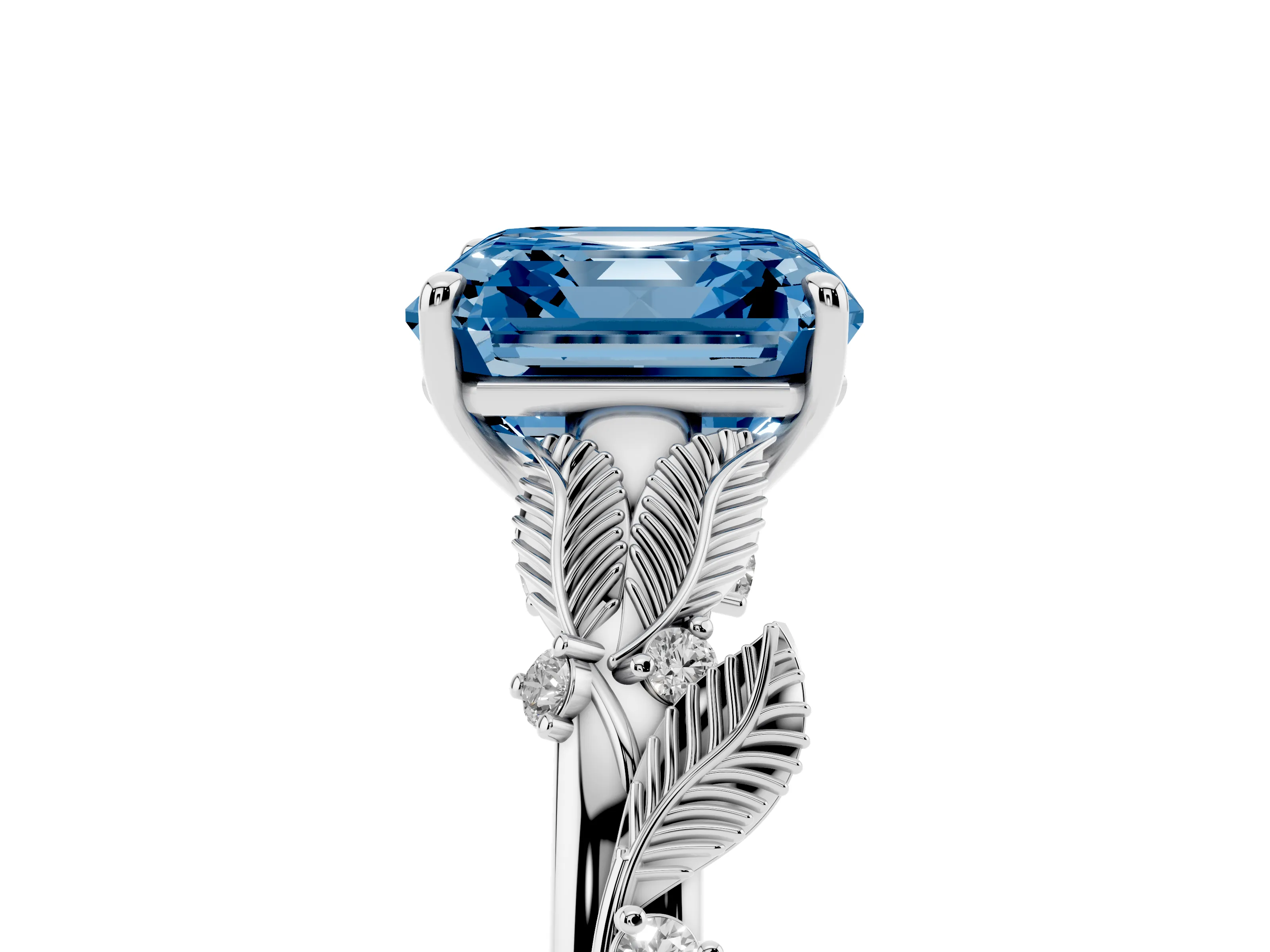 Fancy Blue Asscher Cut Diamond Solitaire Ring Set in White gold with Leaf Motif Band
