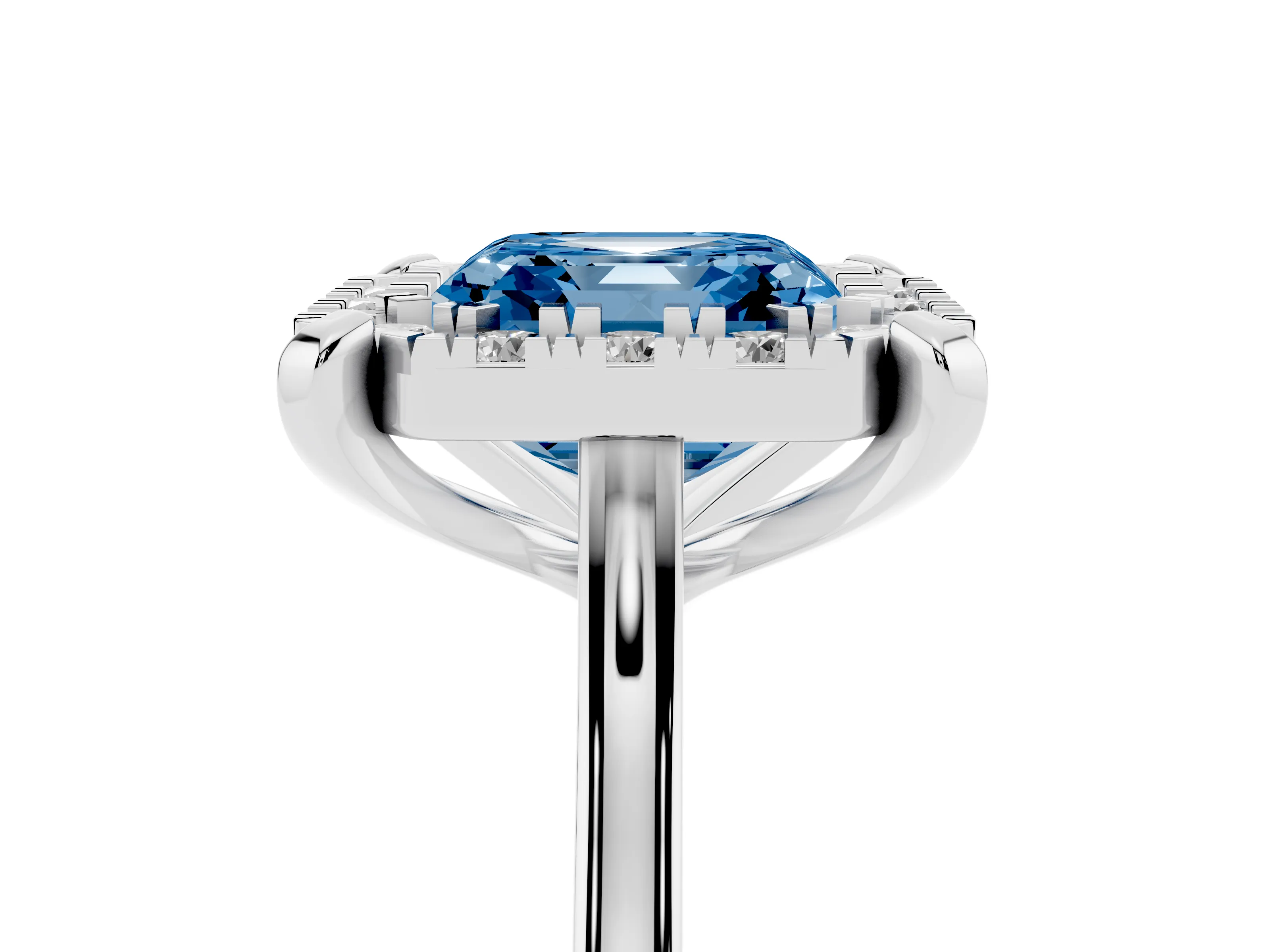 Fancy Blue Asscher Cut Diamond Cluster Halo Solitaire Ring Set in White gold with Prong Setting