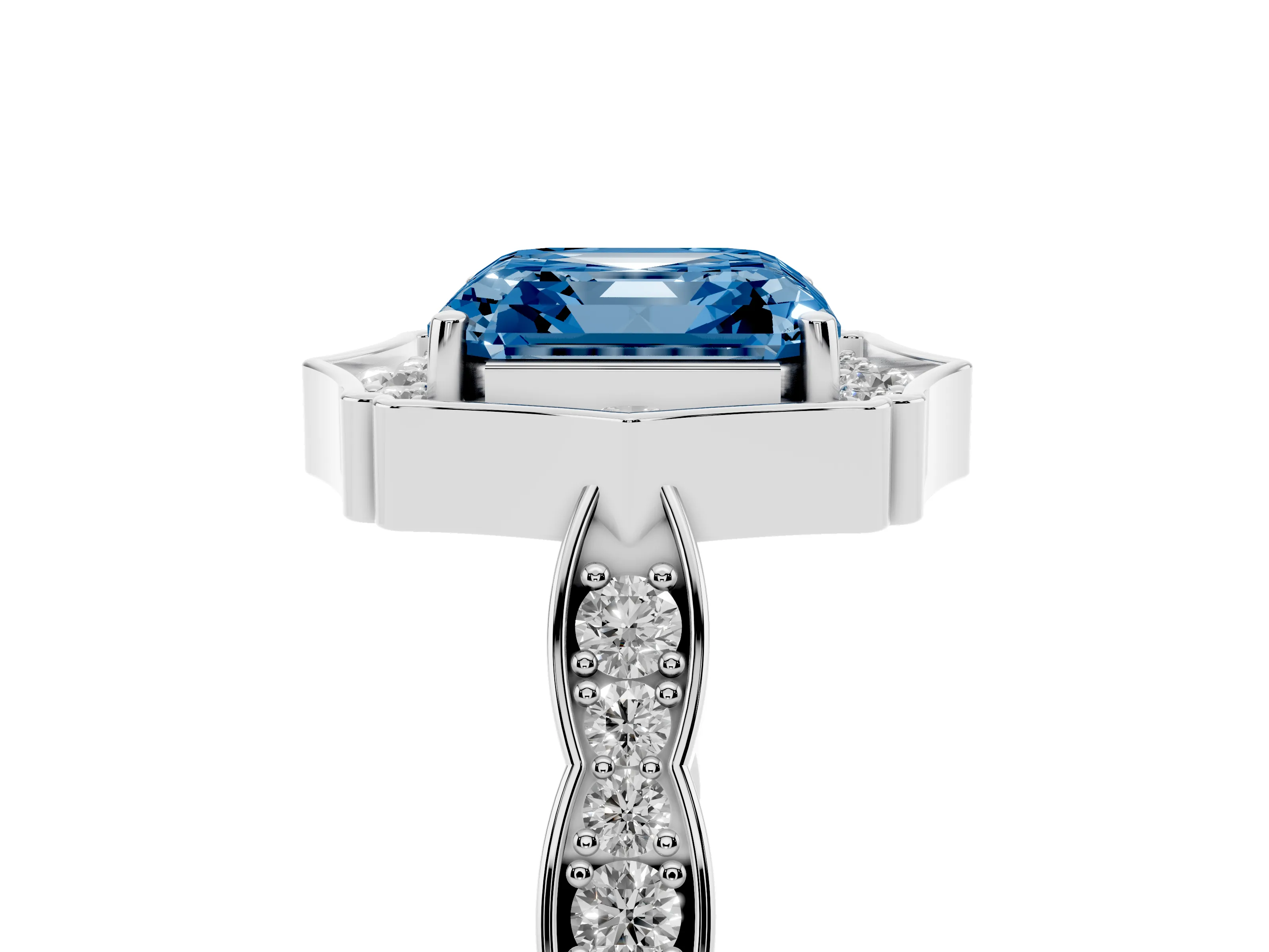 Fancy Blue Asscher Cut Diamond Halo Engagement Ring Set in White gold with Milgrain Band and Prong Setting