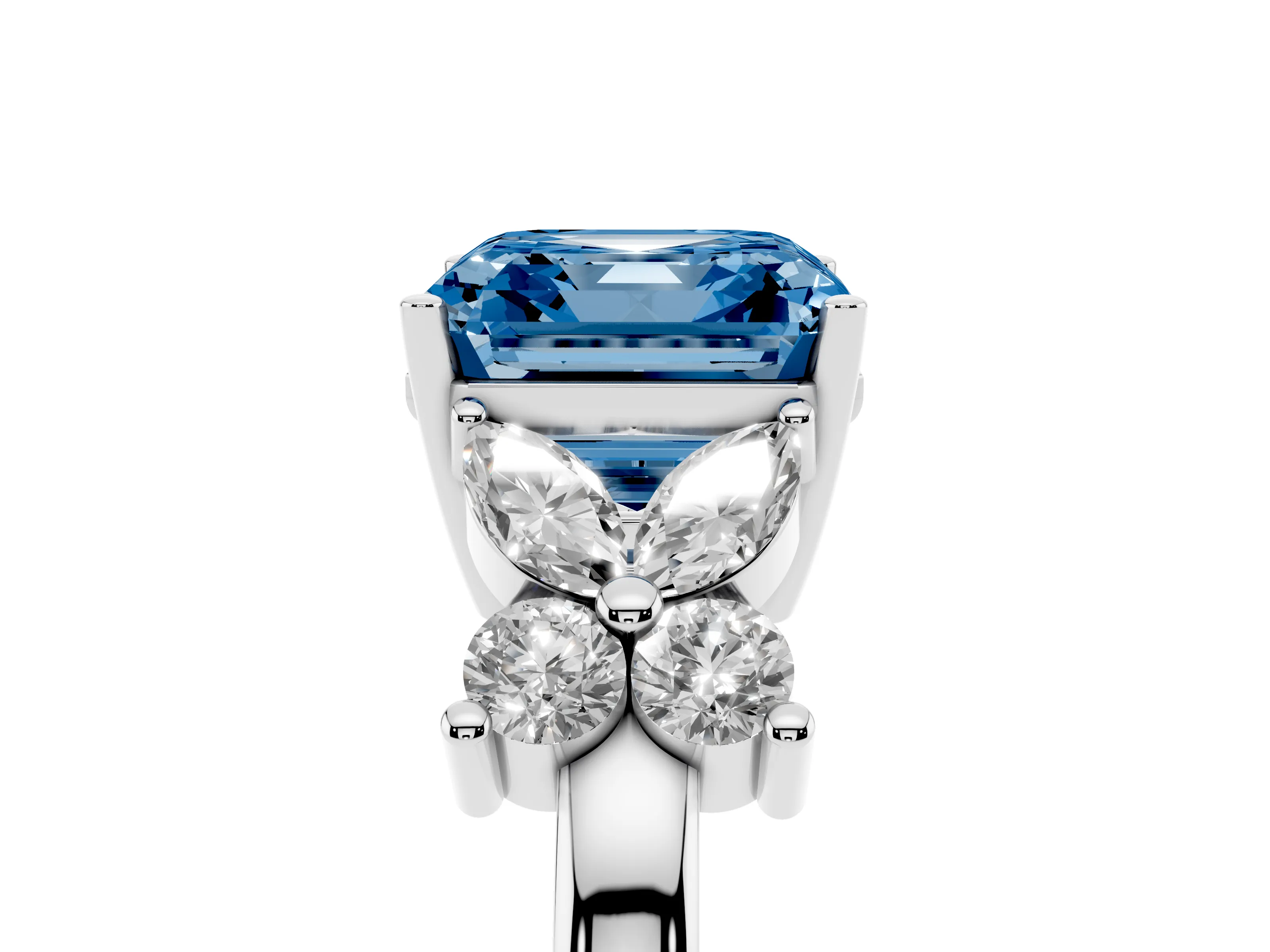 Fancy Blue Asscher Cut Diamond Floral Cluster Ring Set in Platinum with Marquise Petals and Prong Setting