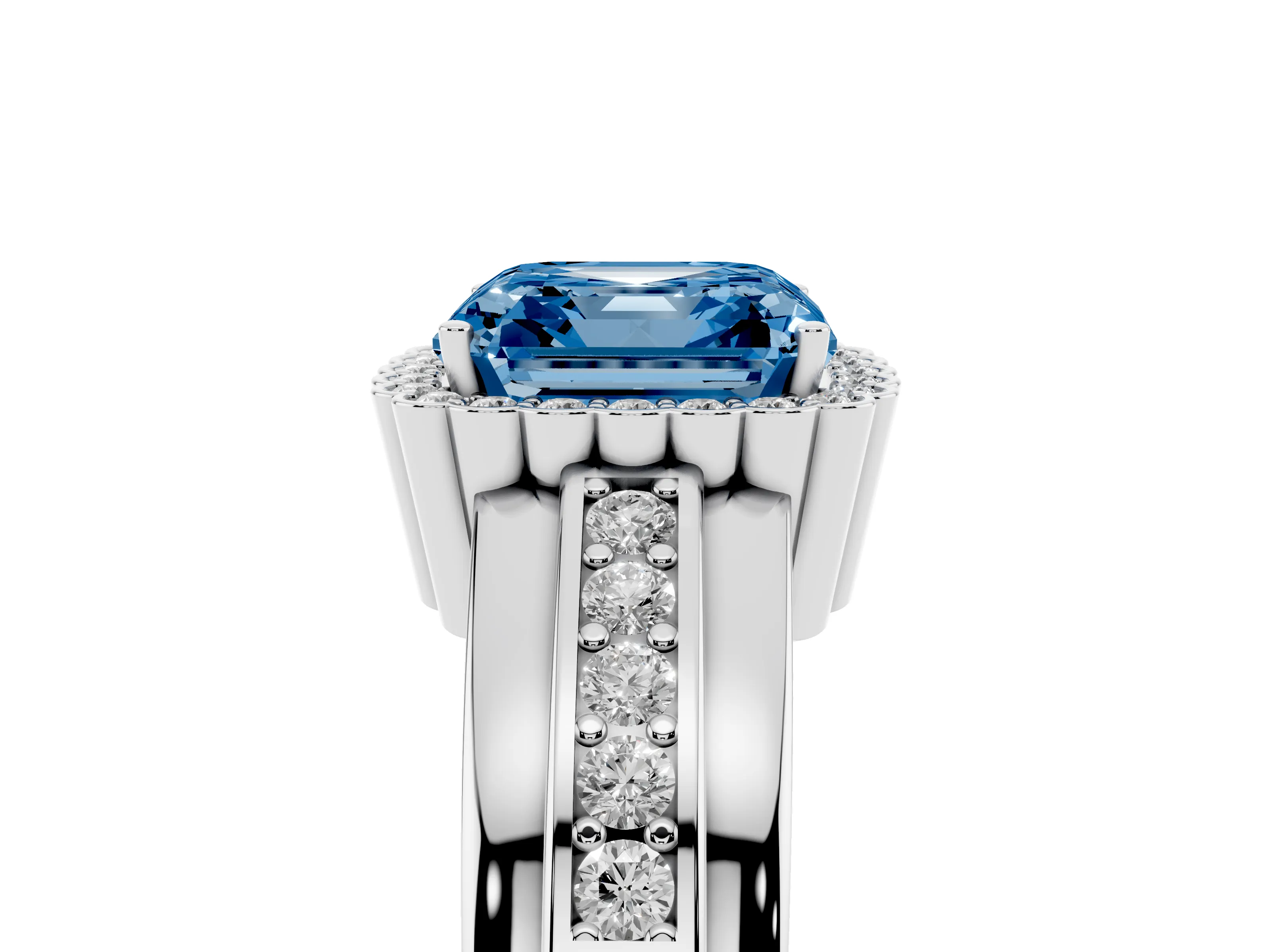 Fancy Blue Asscher Cut Diamond Halo Prong Ring Set in Platinum with Pavé Band