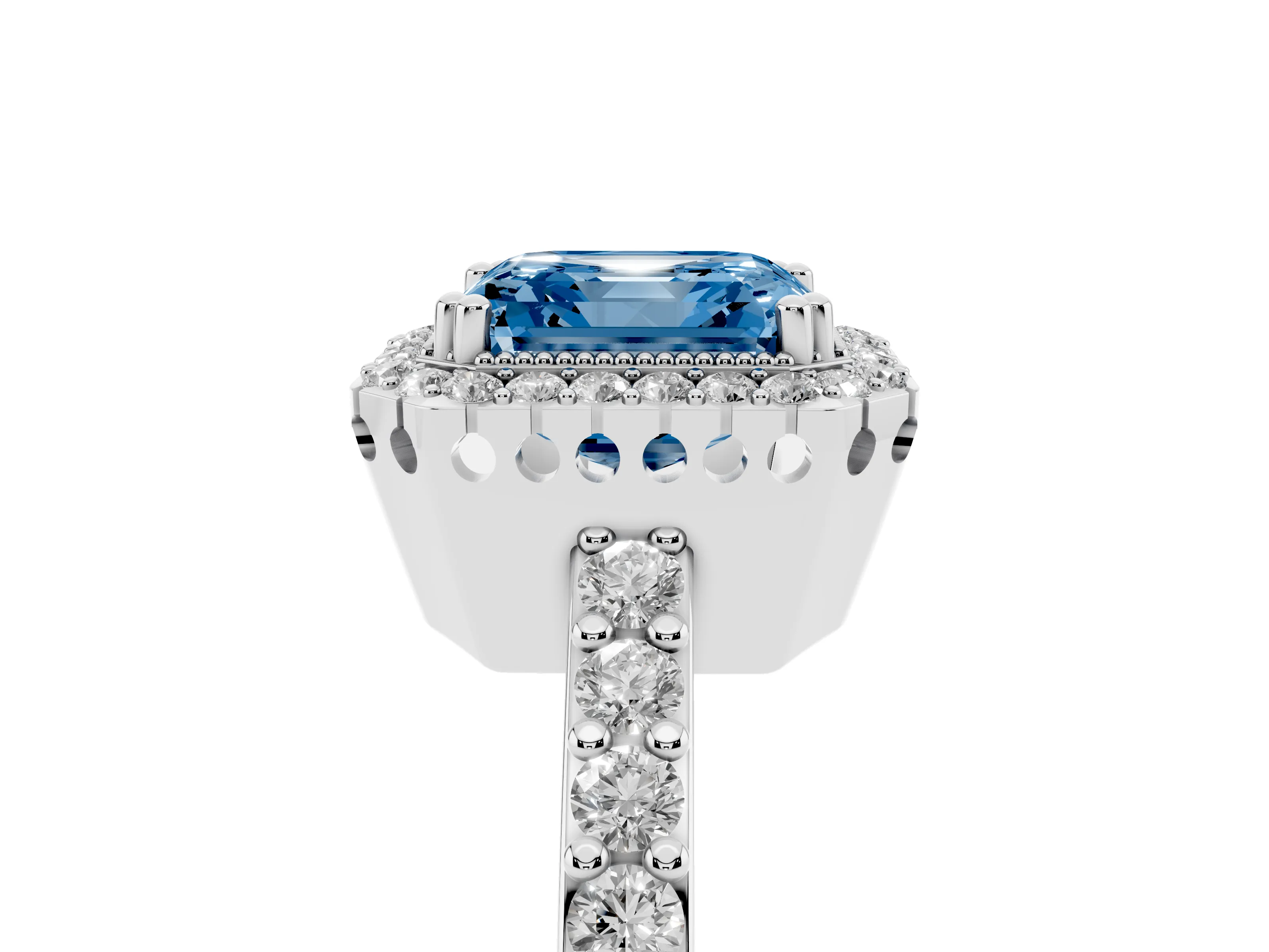 Fancy Blue Asscher Cut Diamond Halo Engagement Ring Set in White gold with Milgrain Detail and Pavé Band