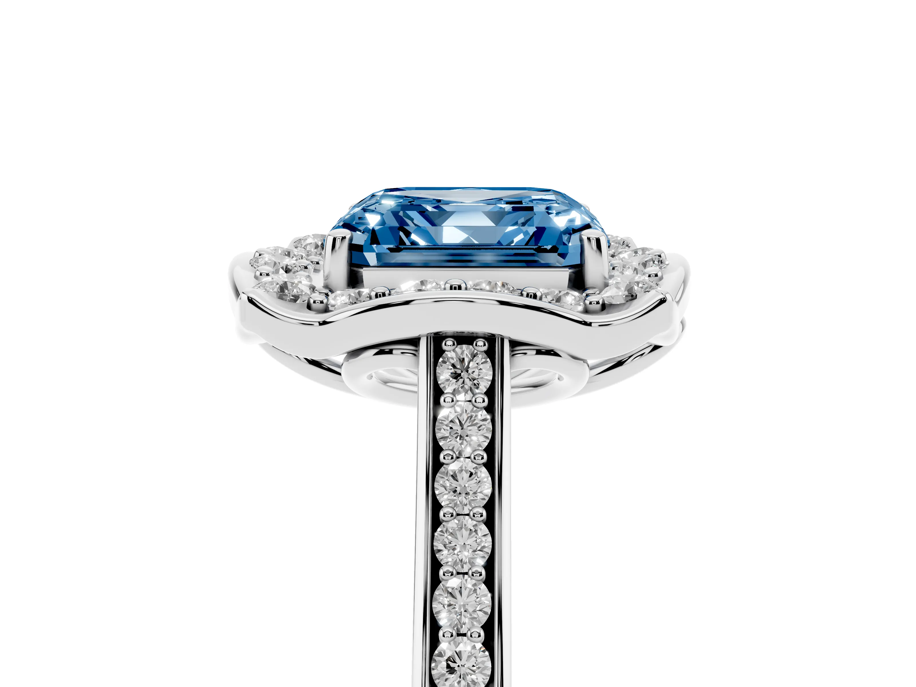 Fancy Blue Asscher Cut Diamond Halo Ring Set in Platinum with Pavé-Lined Shoulders and Prong Setting