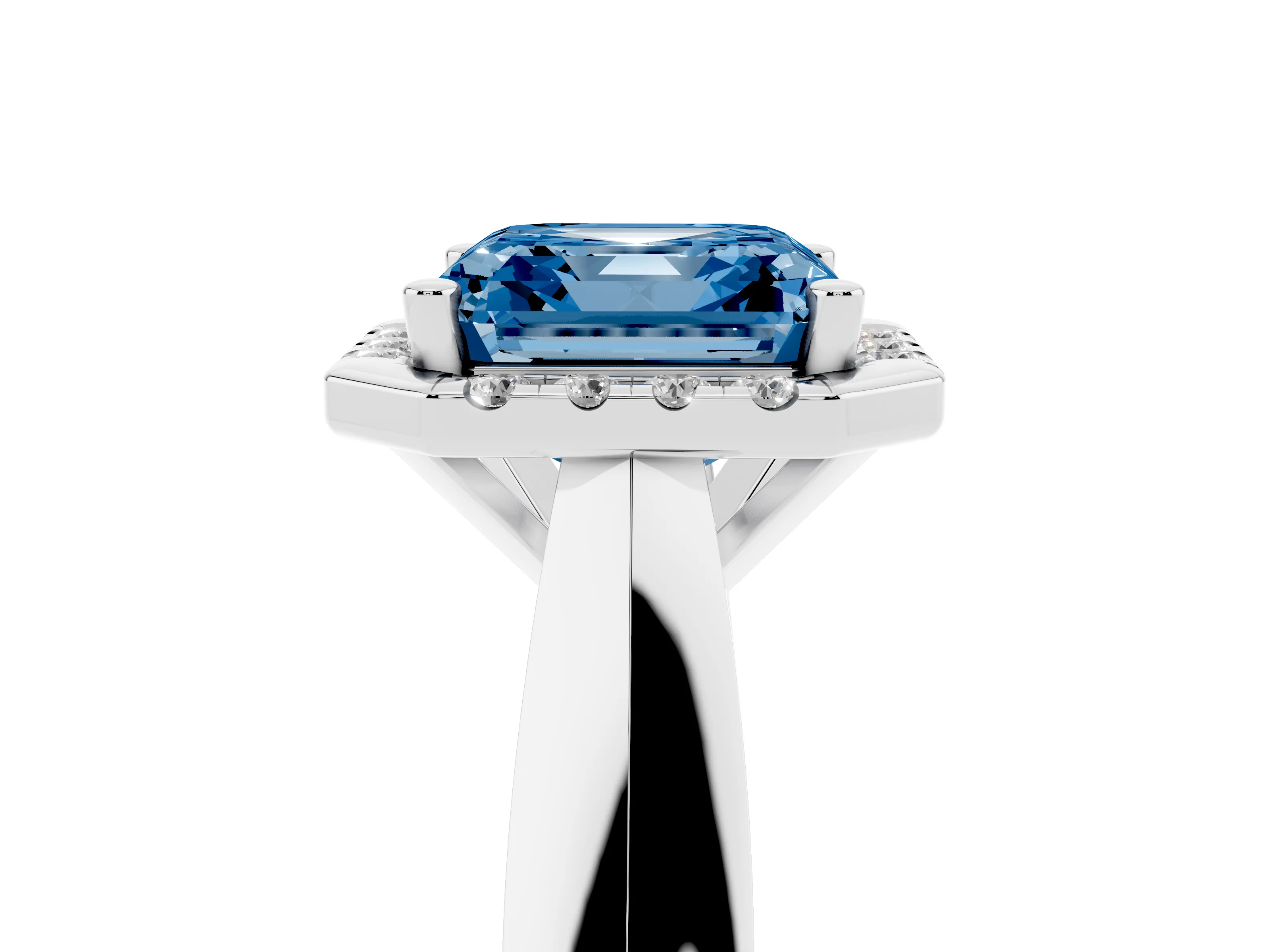 Fancy Blue Asscher Cut Diamond Halo Solitaire Engagement Ring Set in Silver with Square Band and Prong Setting