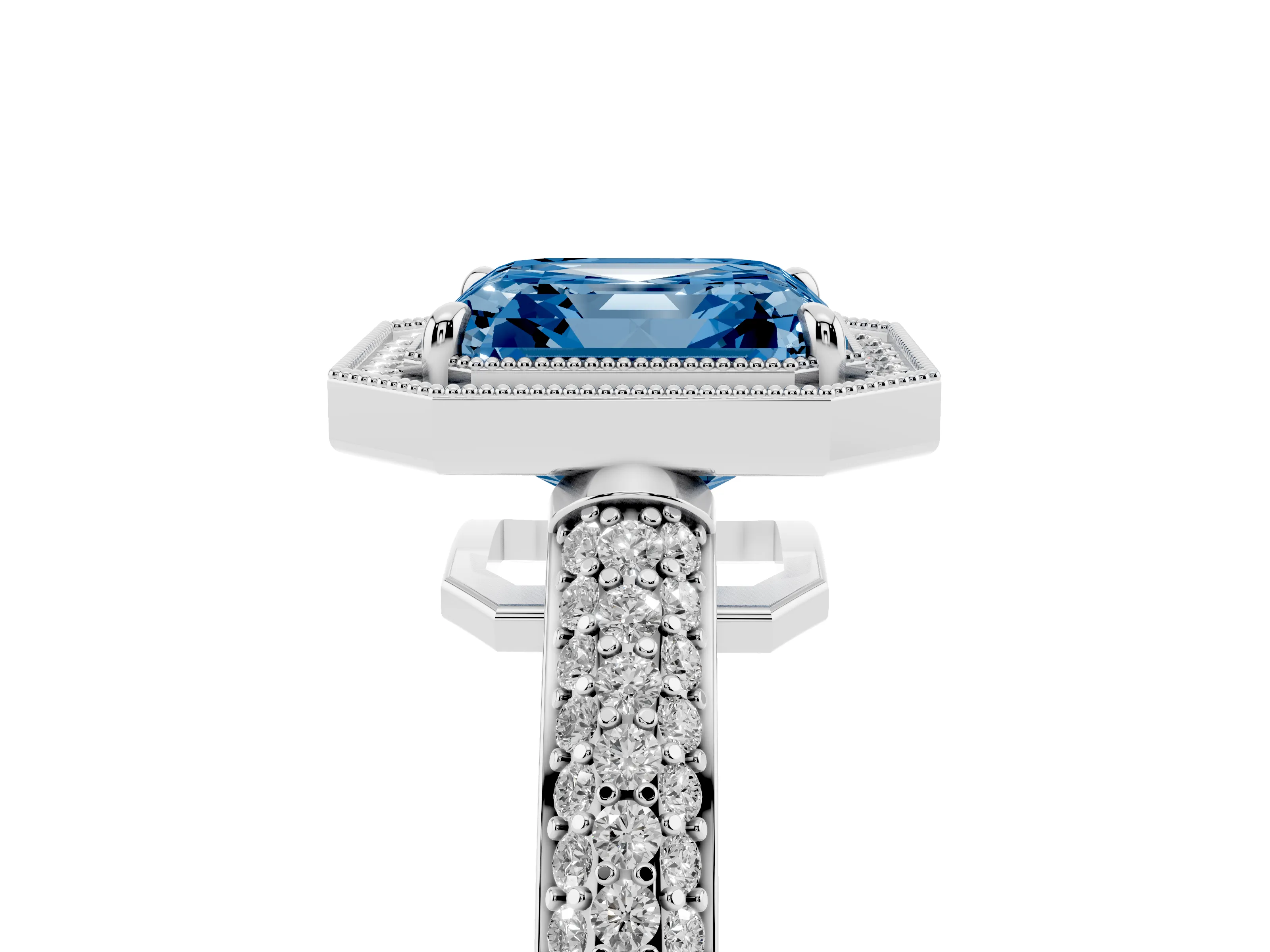 Fancy Blue Asscher Cut Diamond Halo Pavé Band Set in Silver with Prong Setting