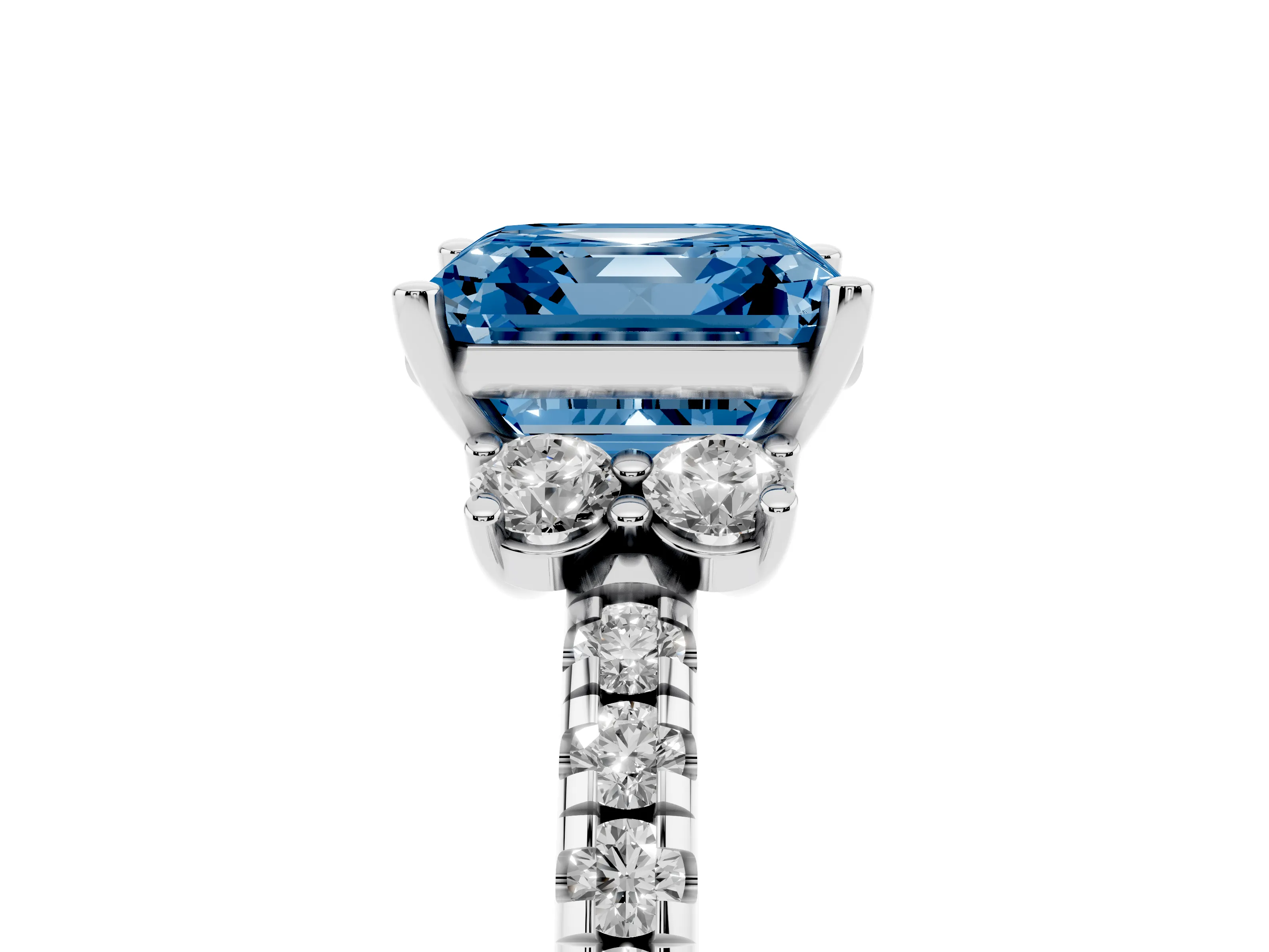 Fancy Blue Asscher Cut Diamond Three-Stone Pavé Ring Set in White gold with Prong Setting
