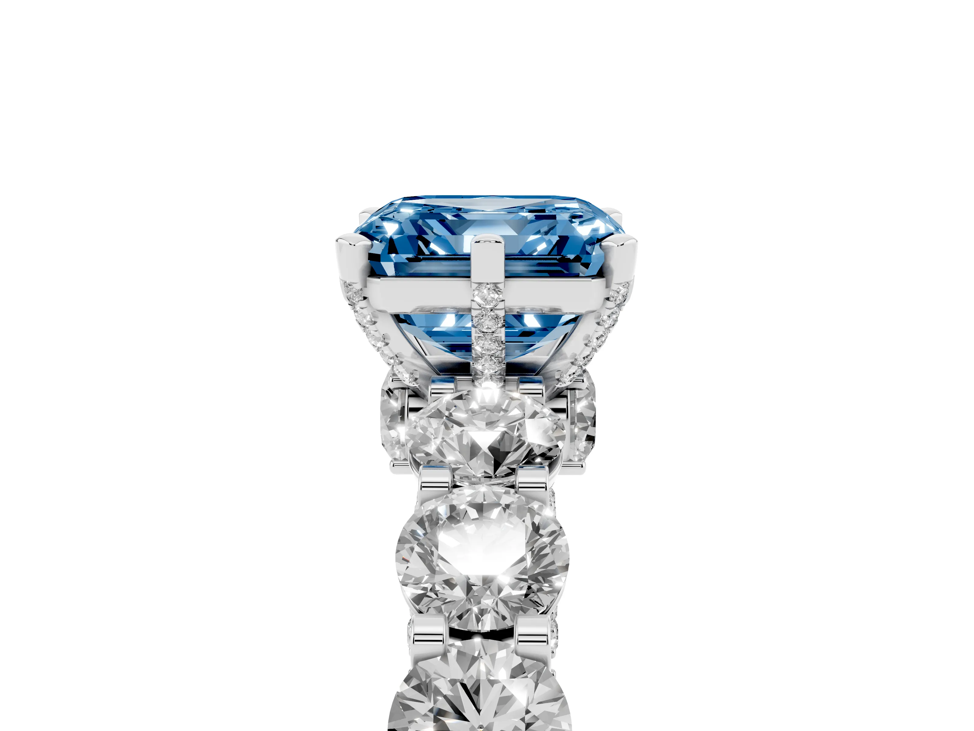 Fancy Blue Asscher Cut Diamond Side Stone Ring Set in Silver with Alternating Round and Oval Side Stones
