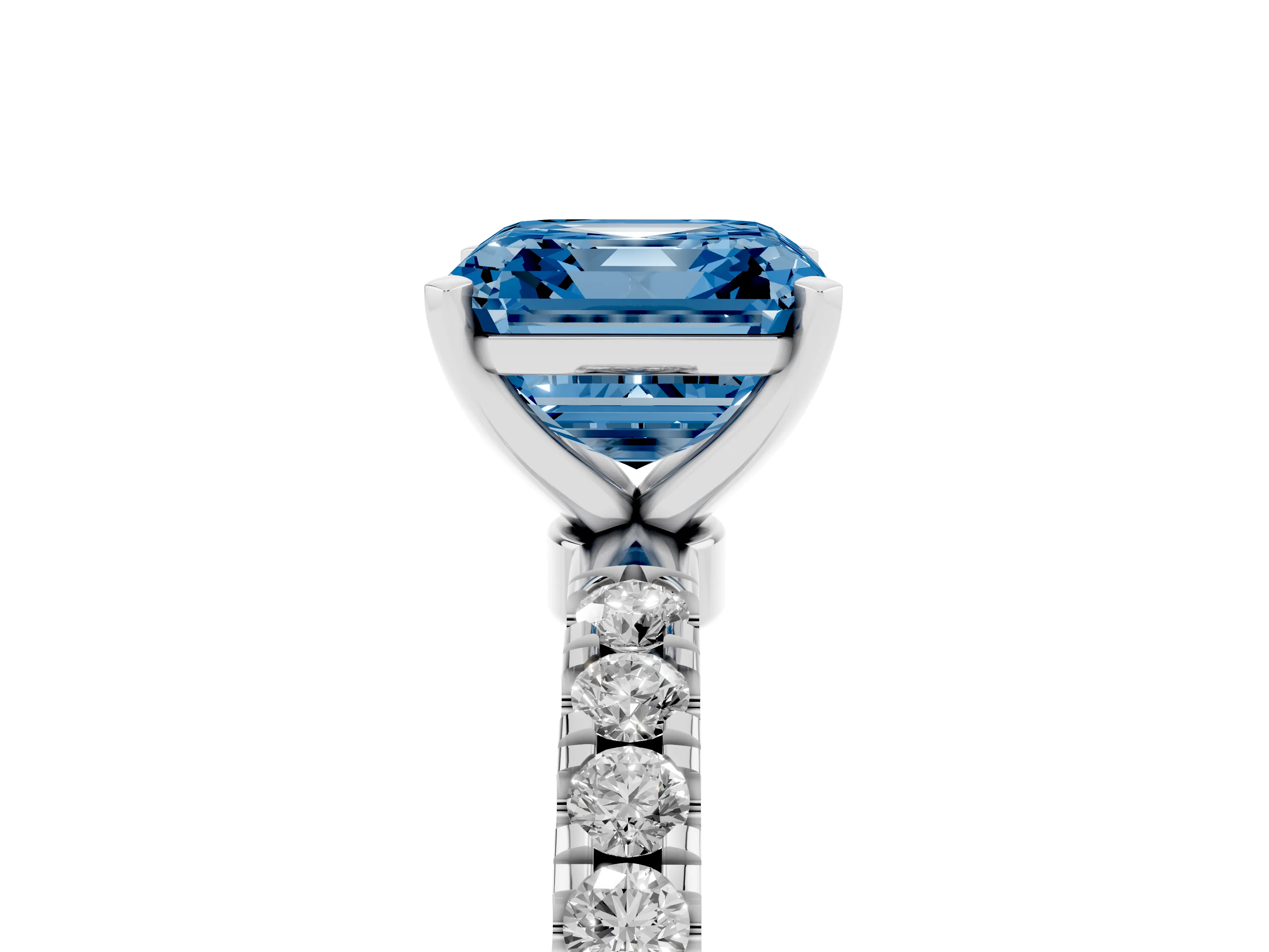 Fancy Blue Asscher Cut Diamond Solitaire Ring Set in Platinum with Pavé Accents and Prong Setting