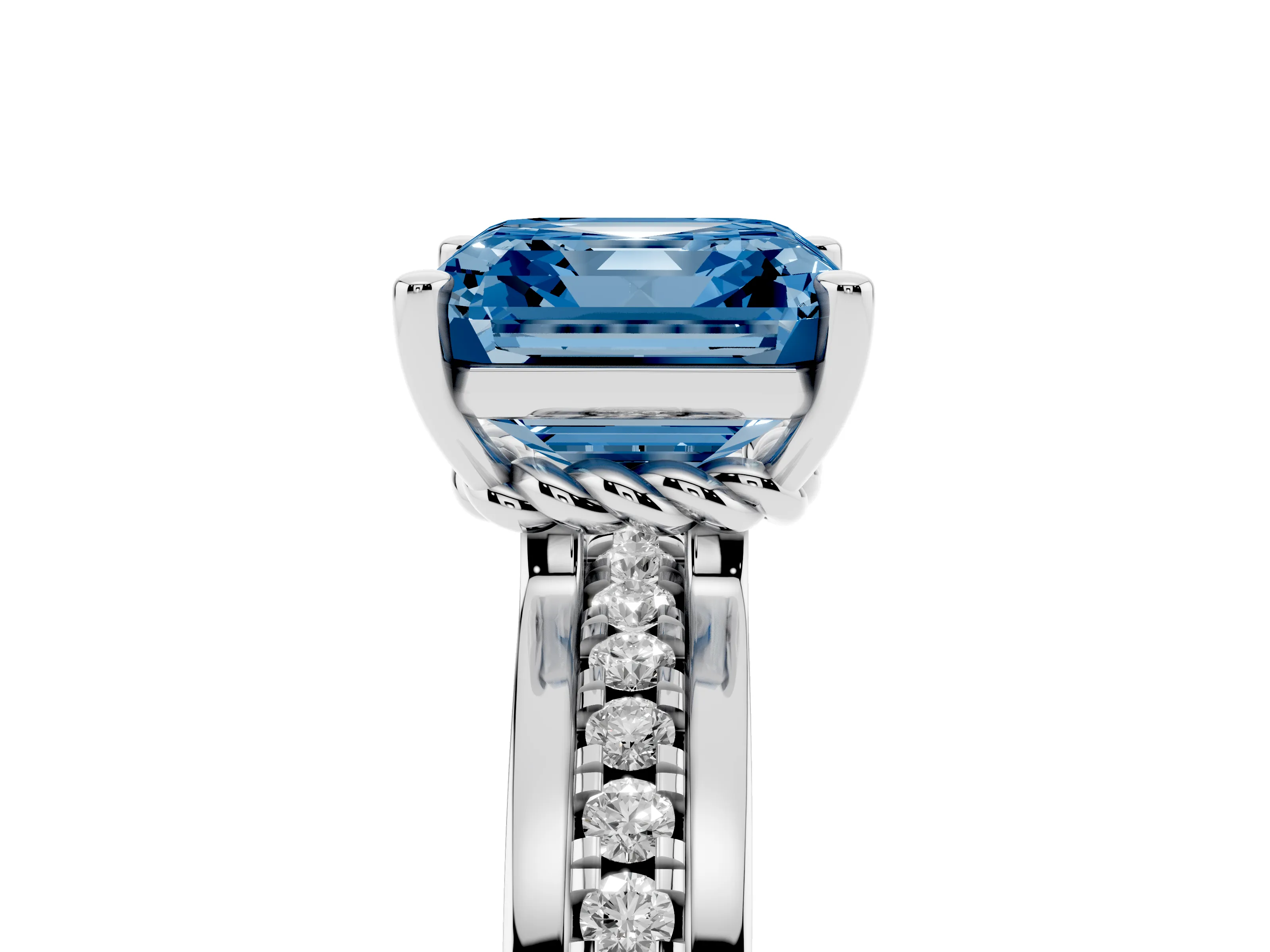 Fancy Blue Asscher Cut Diamond Solitaire Ring Set in White gold with Channel Set Band and Prong Setting