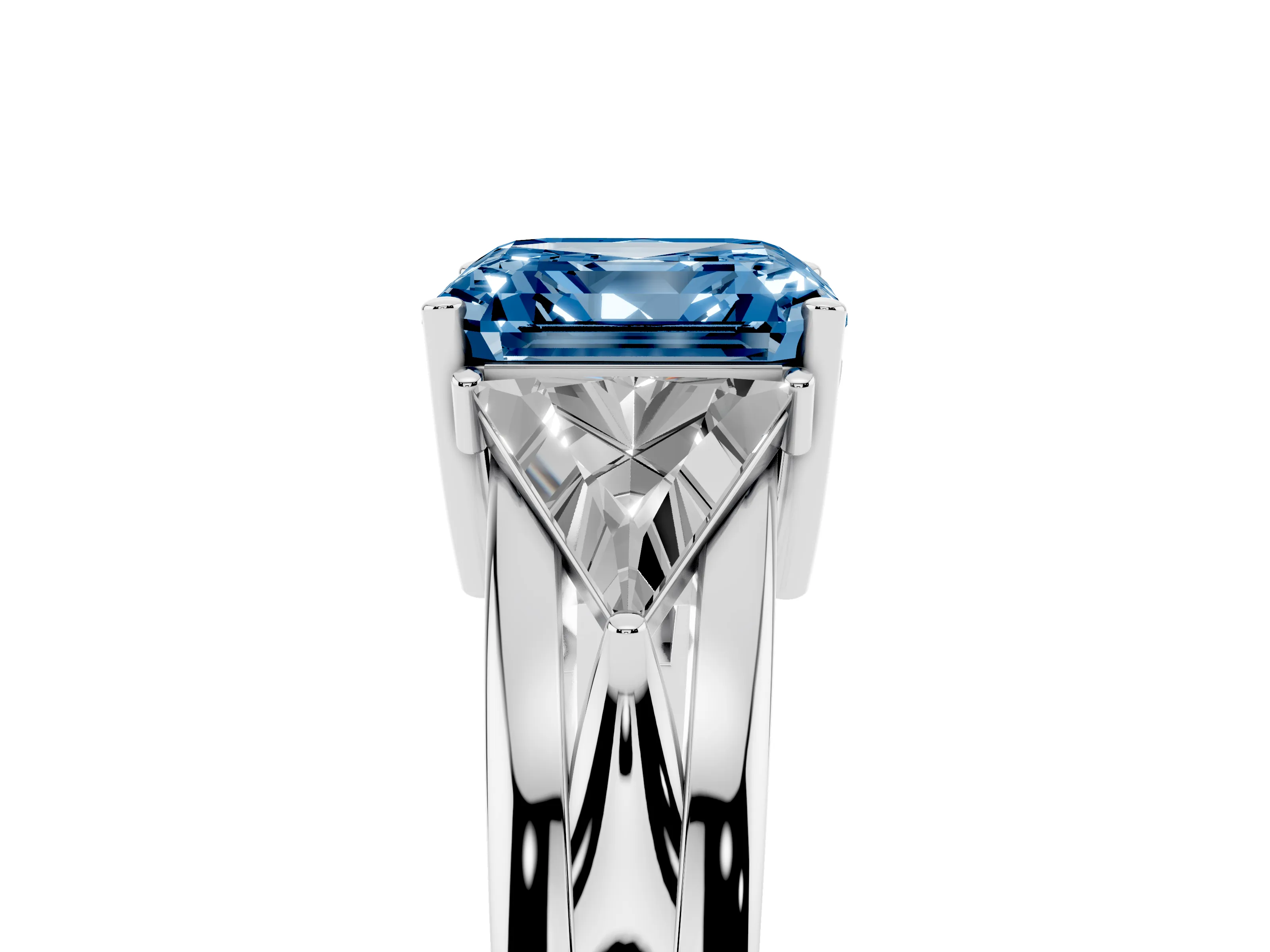 Fancy Blue Asscher Cut Diamond Three-Stone Ring Set in Platinum with Trillion Side Stones and Split Shank