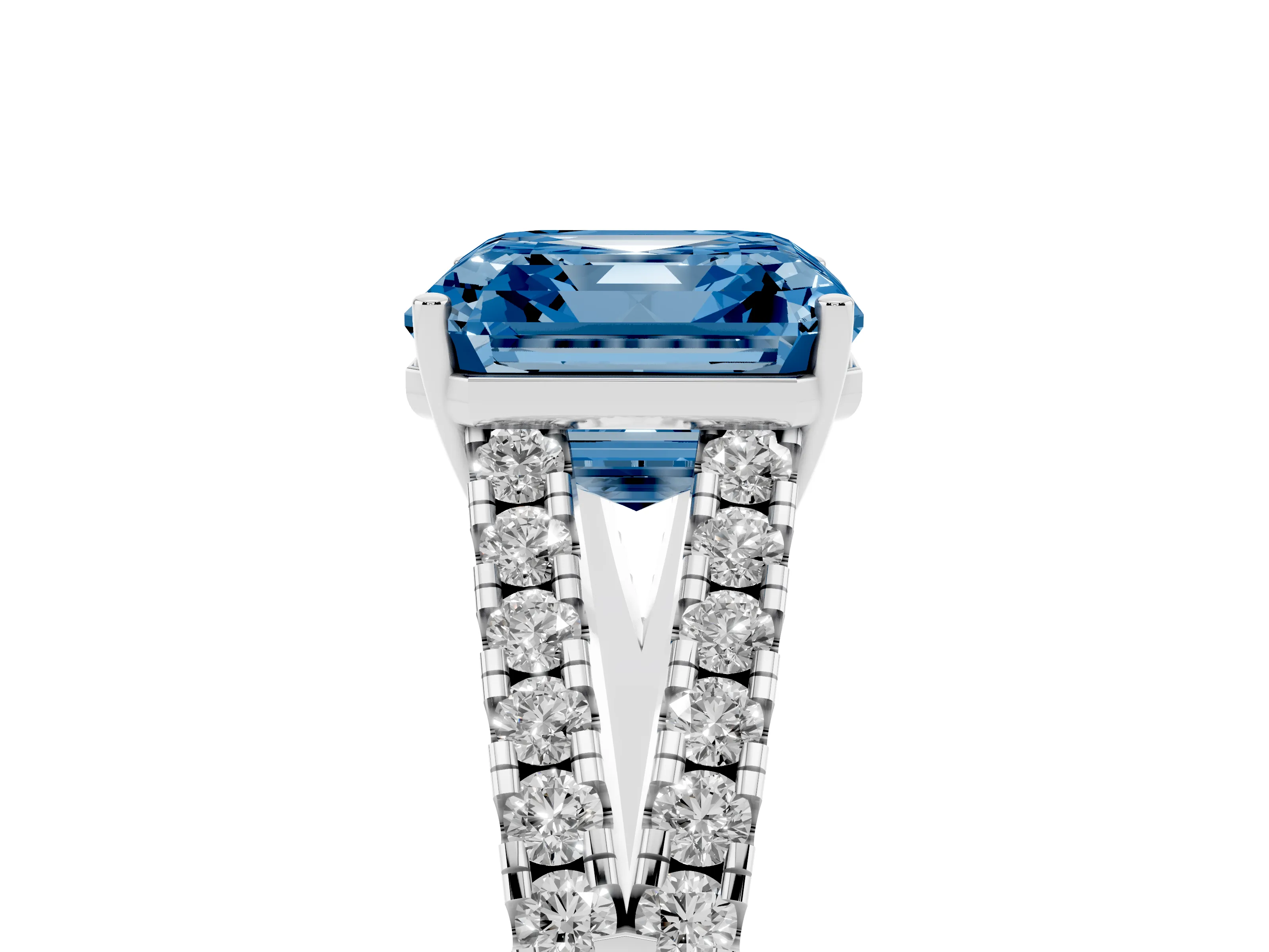 Fancy Blue Asscher Cut Diamond Split Shank Engagement Ring Set in Silver with Round Pavé and Prong Setting