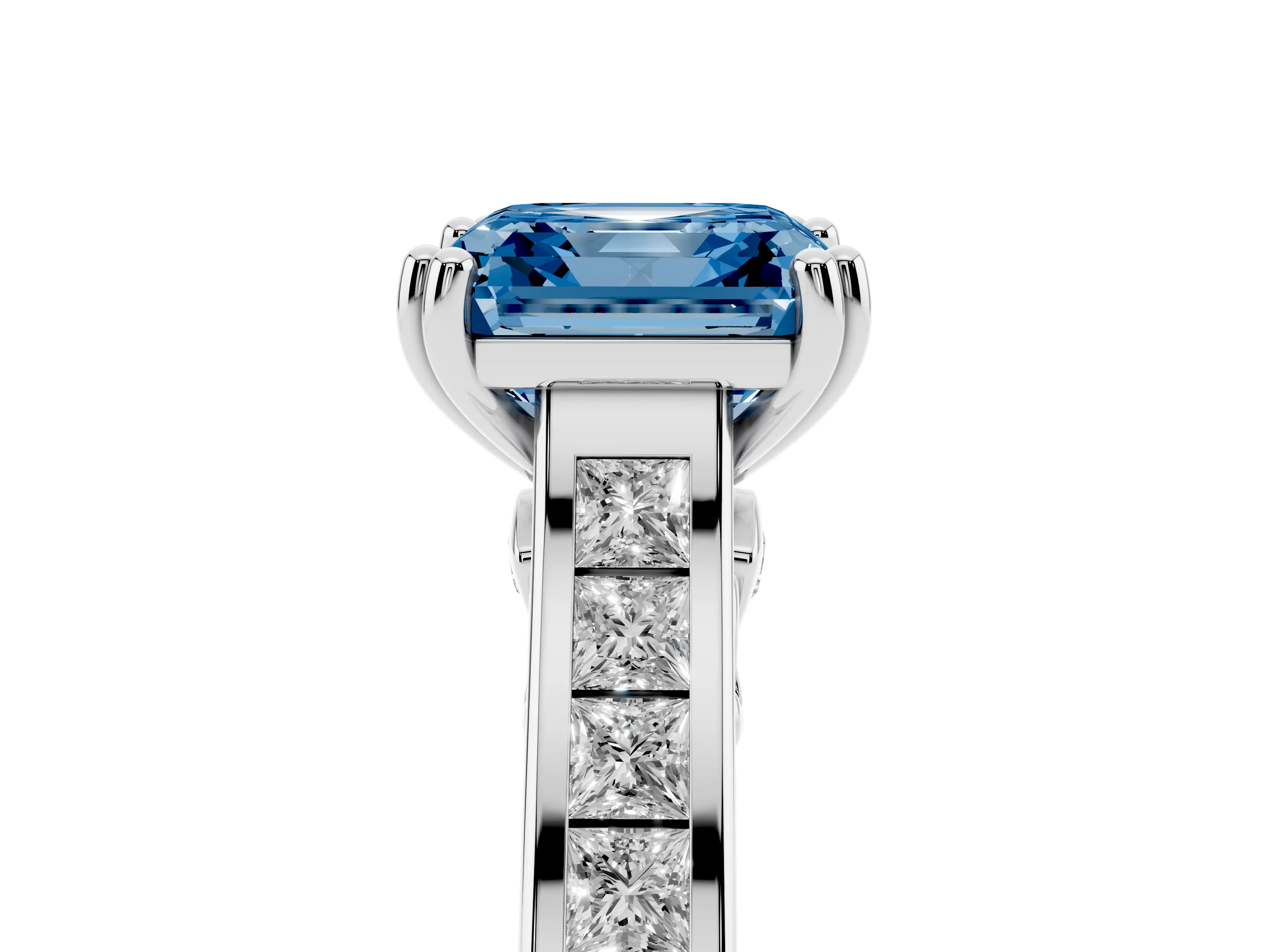Fancy Blue Asscher Cut Diamond Channel Set Solitaire Engagement Ring Set in White gold with Prong Setting