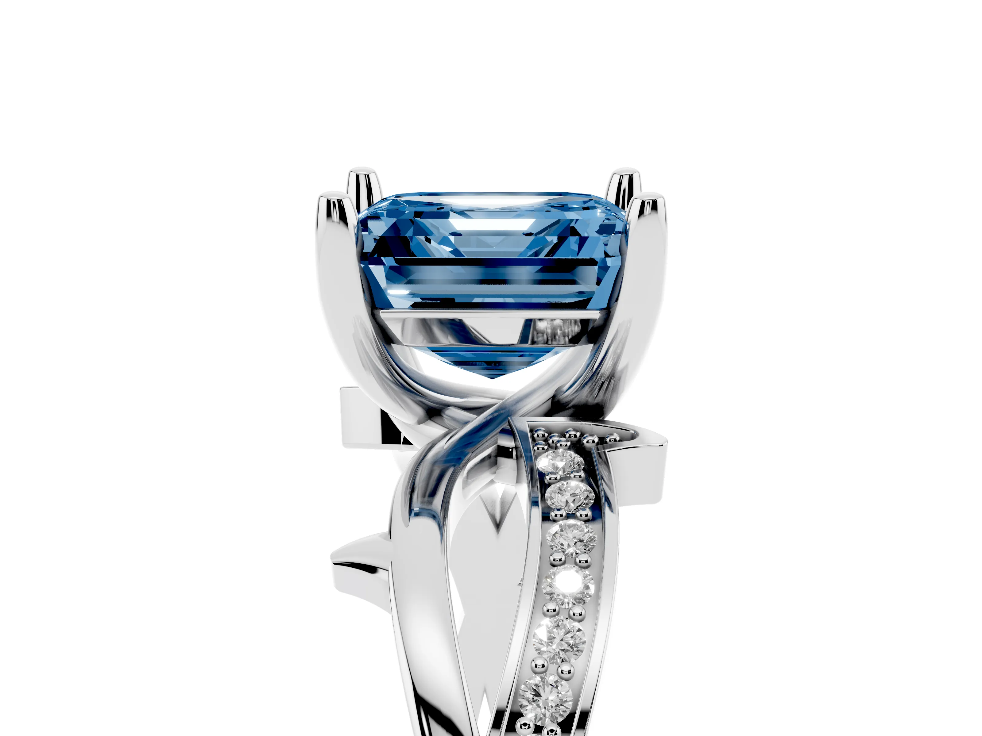 Fancy Blue Asscher Cut Diamond Pavé Twist Band Solitaire Ring Set in White gold with Prong Setting