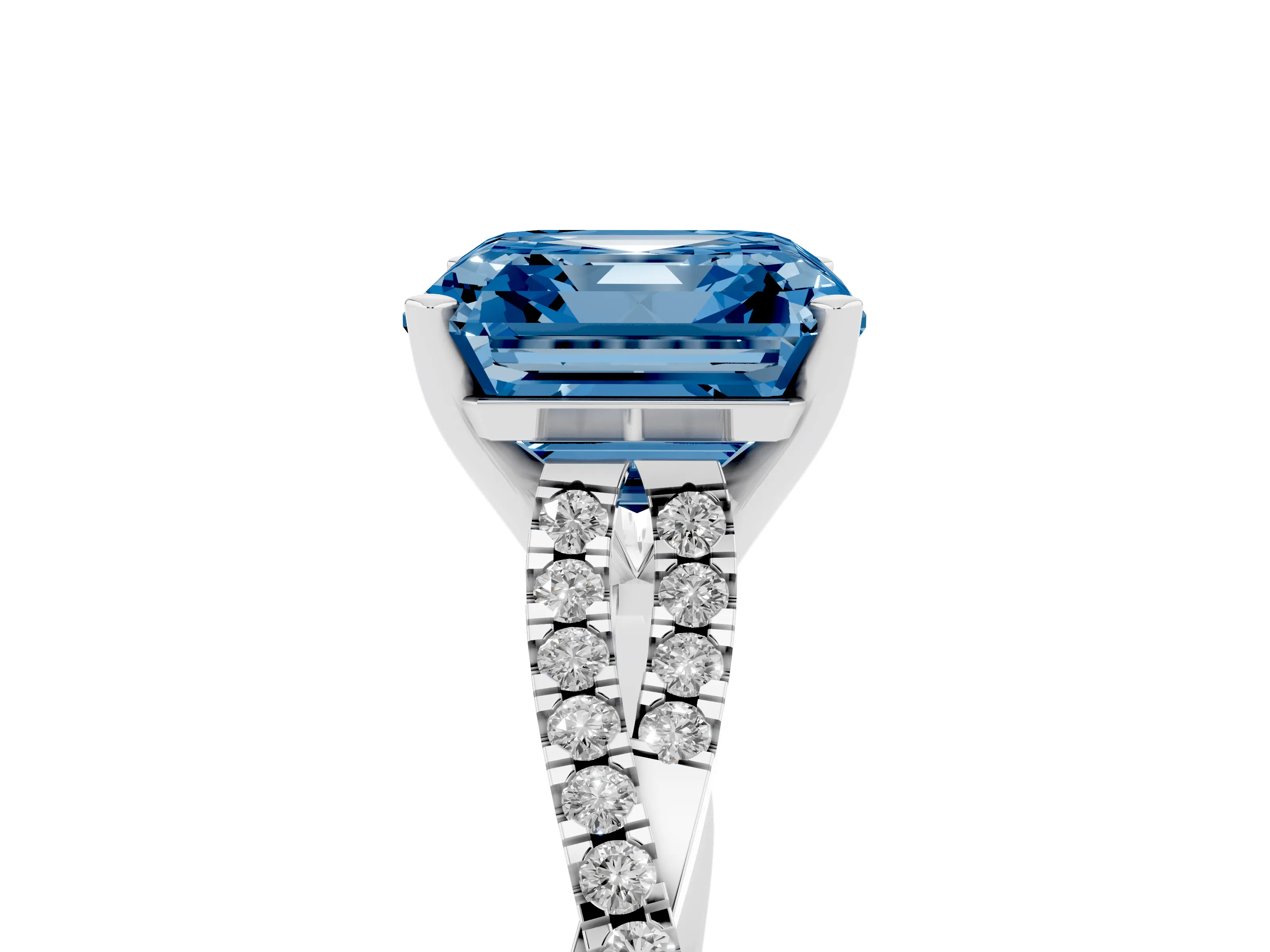 Fancy Blue Asscher Cut Diamond Solitaire Engagement Ring Set in White gold with Twisted Pavé Band and Prong Setting