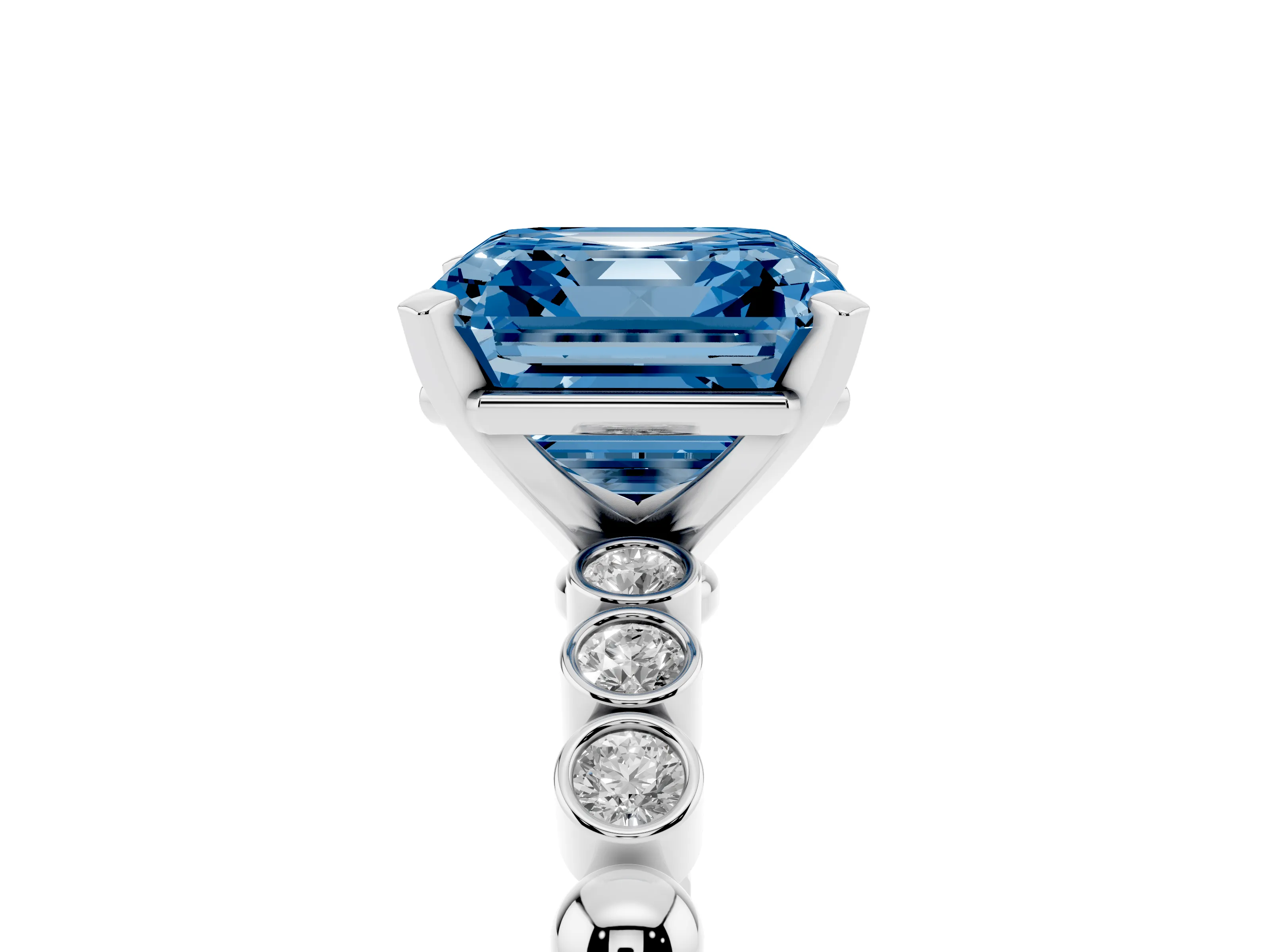 Fancy Blue Asscher Cut Diamond Solitaire Engagement Ring Set in White gold with Bezel Accents on Beaded Band