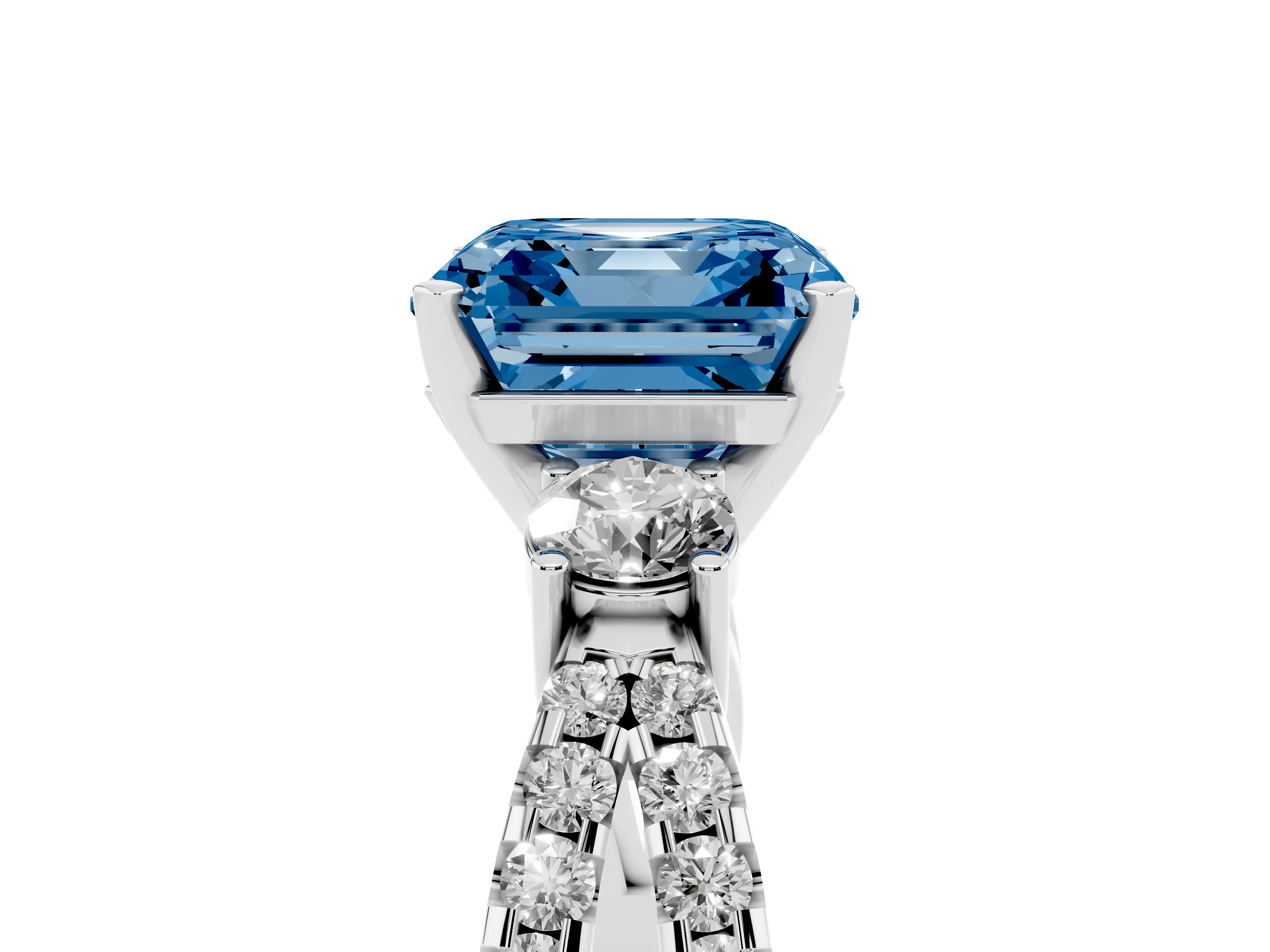 Fancy Blue Asscher Cut Diamond Three-Stone Ring Set in White gold with Pavé Split Shank and Prong Setting