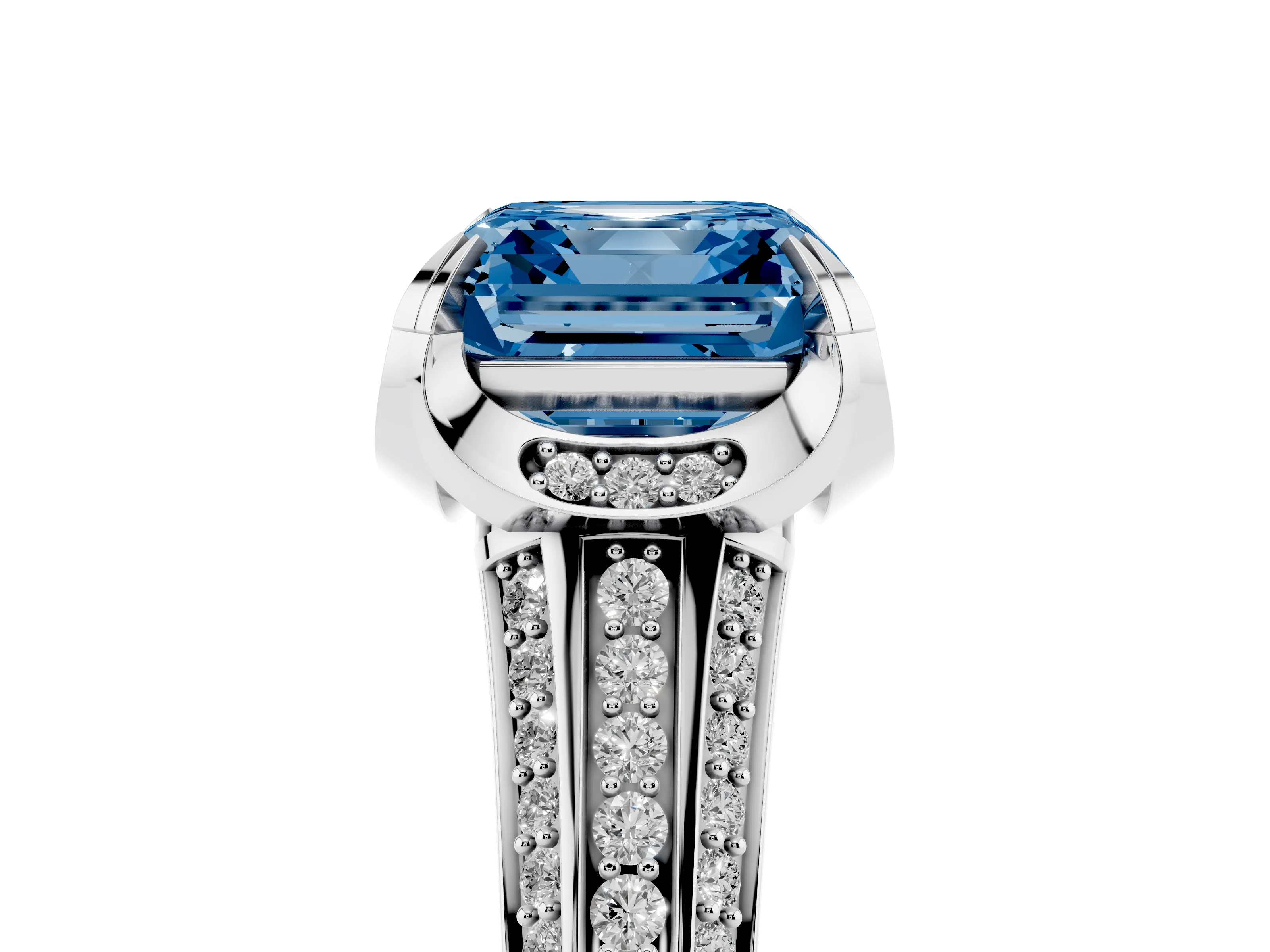Fancy Blue Asscher Cut Diamond Pavé Split Shank Solitaire Ring Set in Platinum with Prong Setting