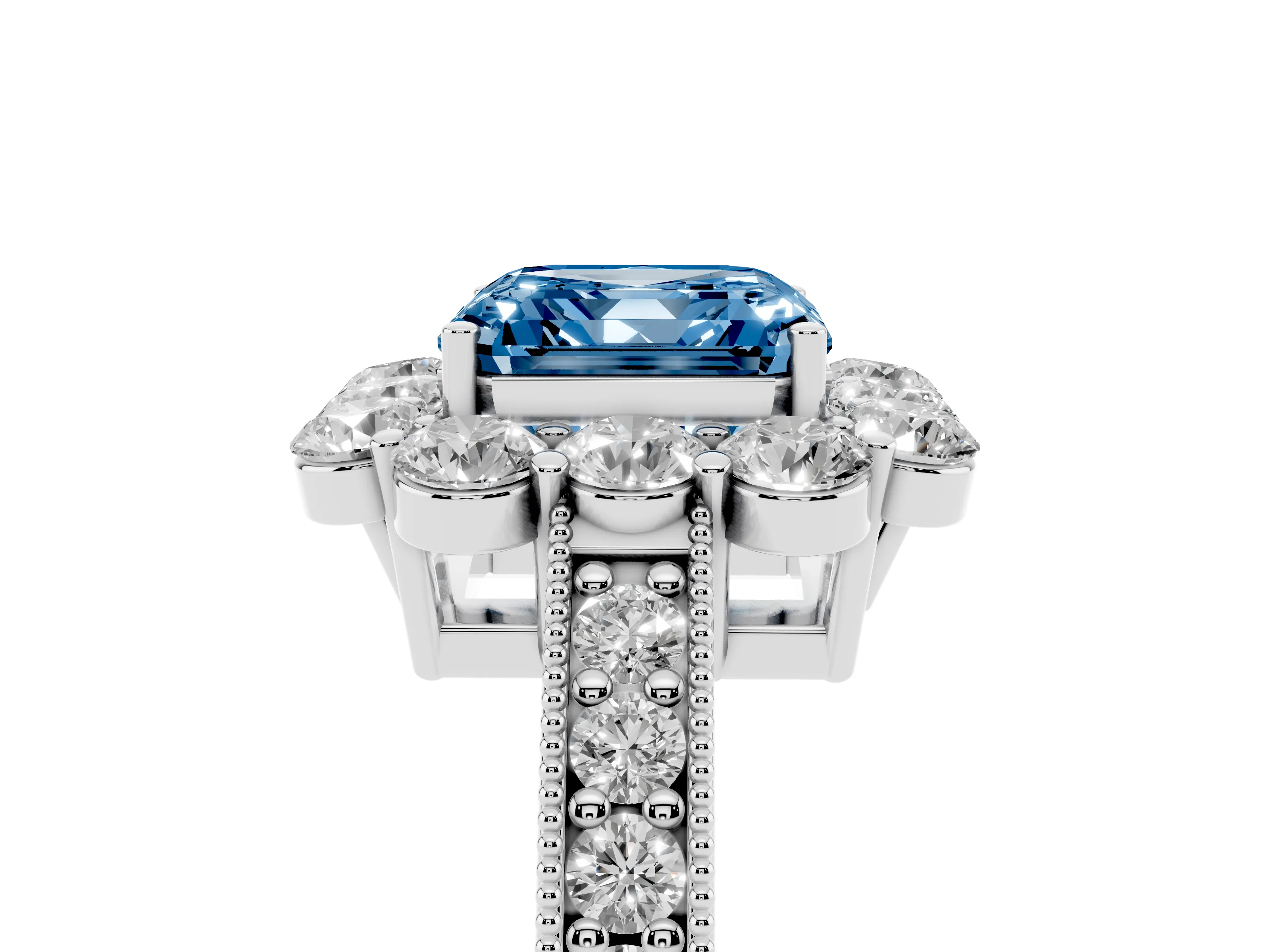 Fancy Blue Asscher Cut Diamond Halo Pavé Engagement Ring Set in Silver with Milgrain Detailing