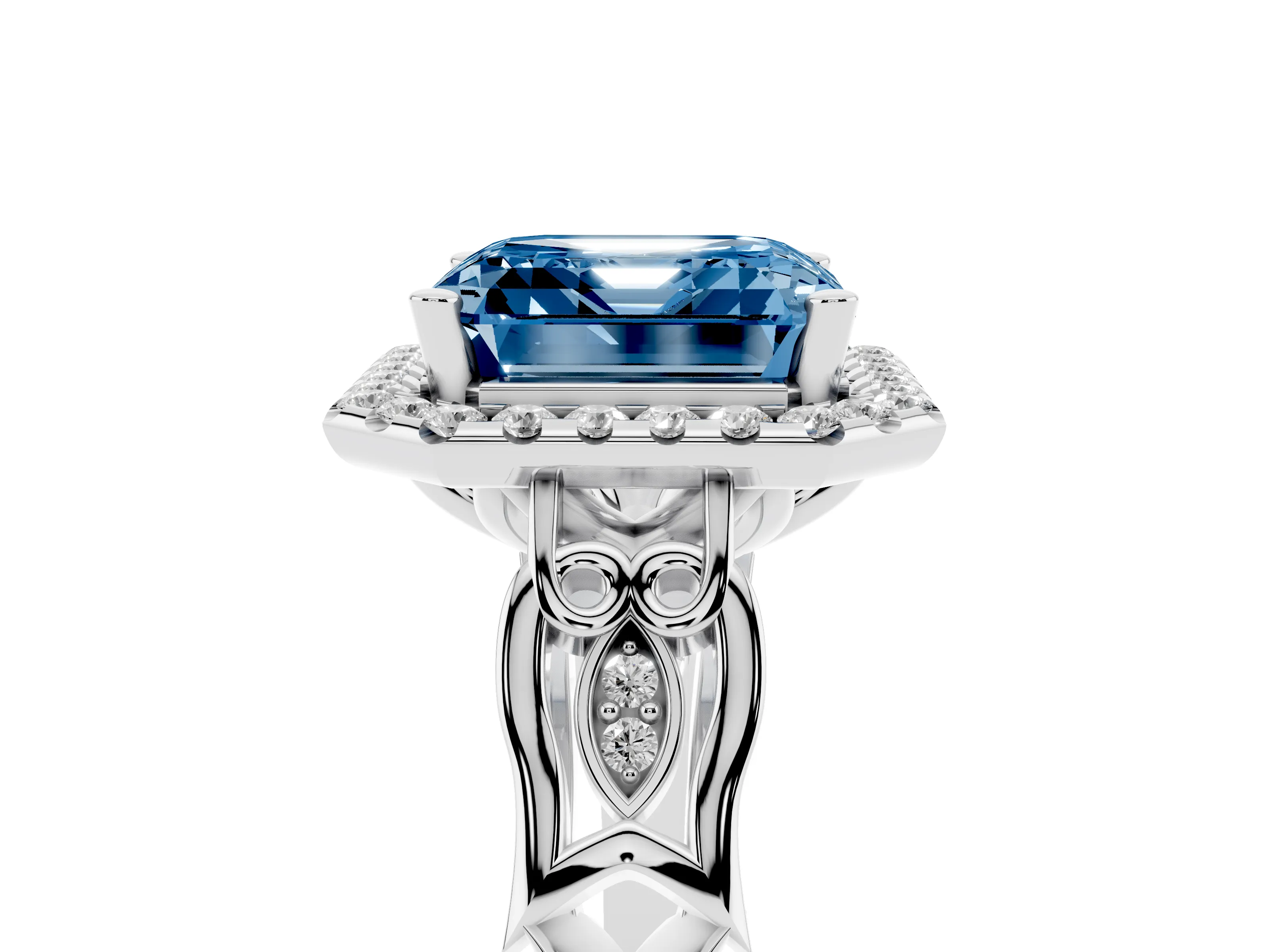 Fancy Blue Asscher Cut Diamond Halo Engagement Ring Set in Platinum with Filigree Band and Prong-Set Center
