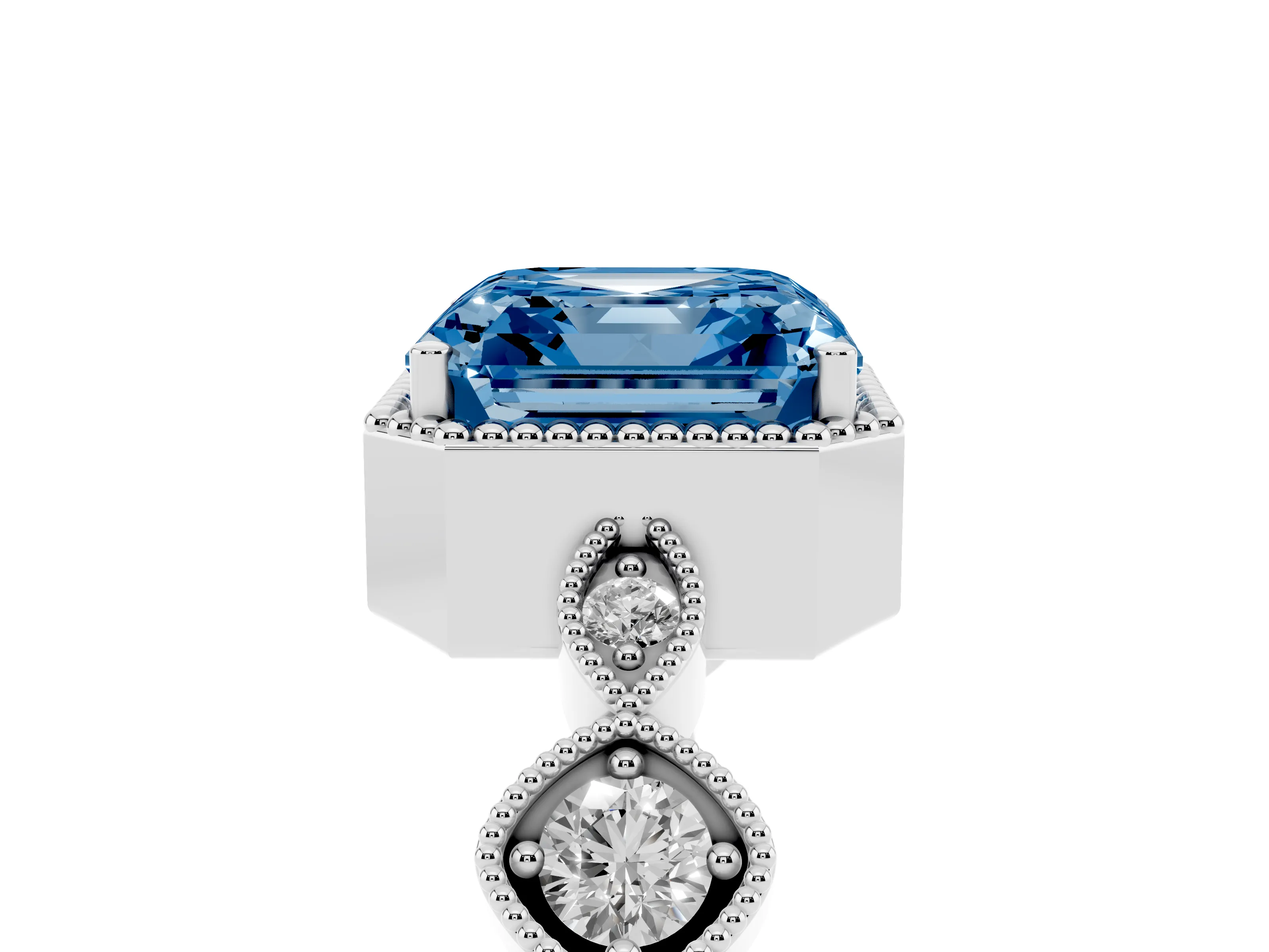 Fancy Blue Asscher Cut Diamond Vintage-Inspired Milgrain Ring Set in Platinum with Marquise Stations of Round Accents
