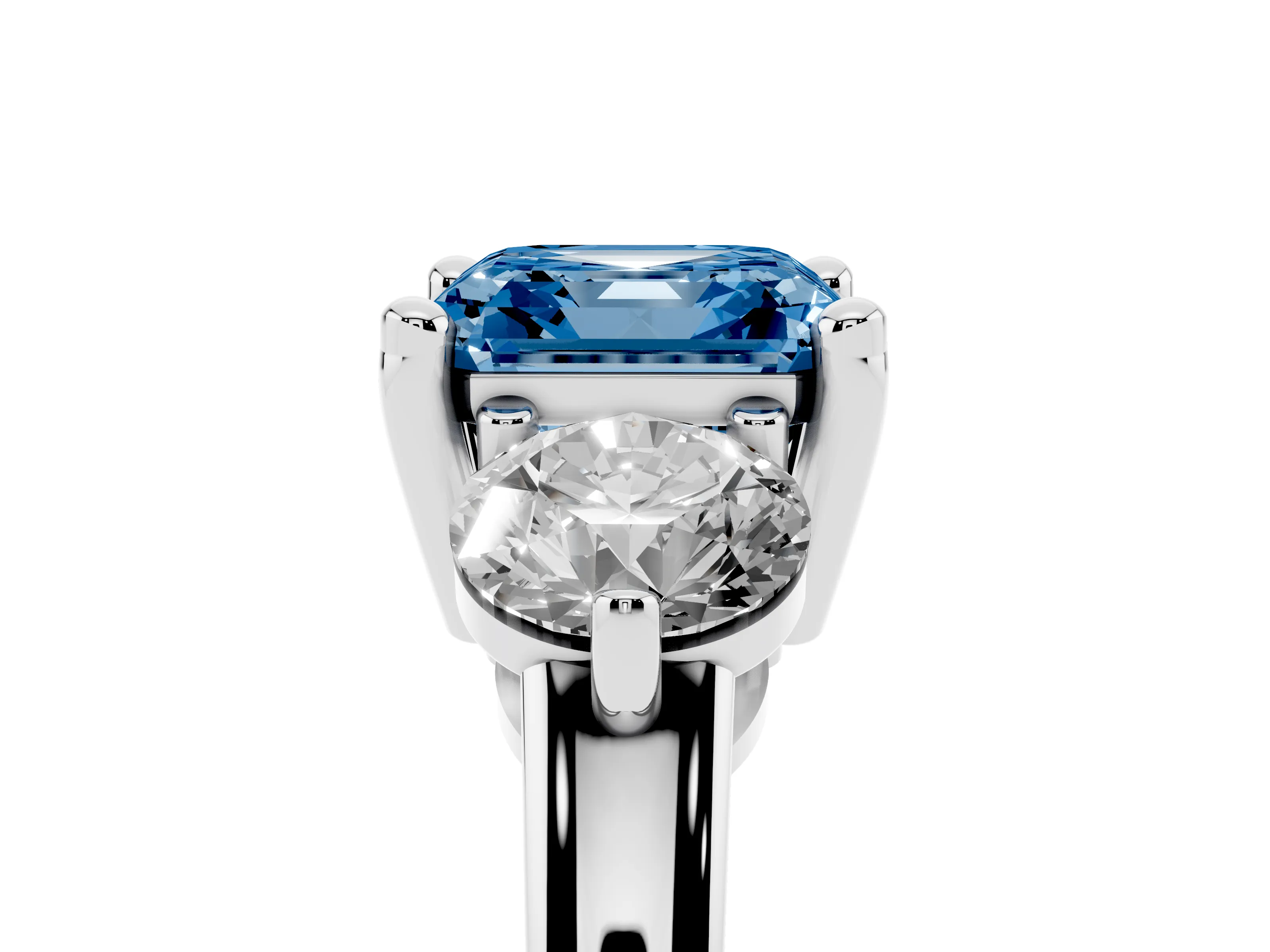Fancy Blue Asscher Cut Diamond Three-Stone Ring Set in Silver with Prong Setting and Classic Band