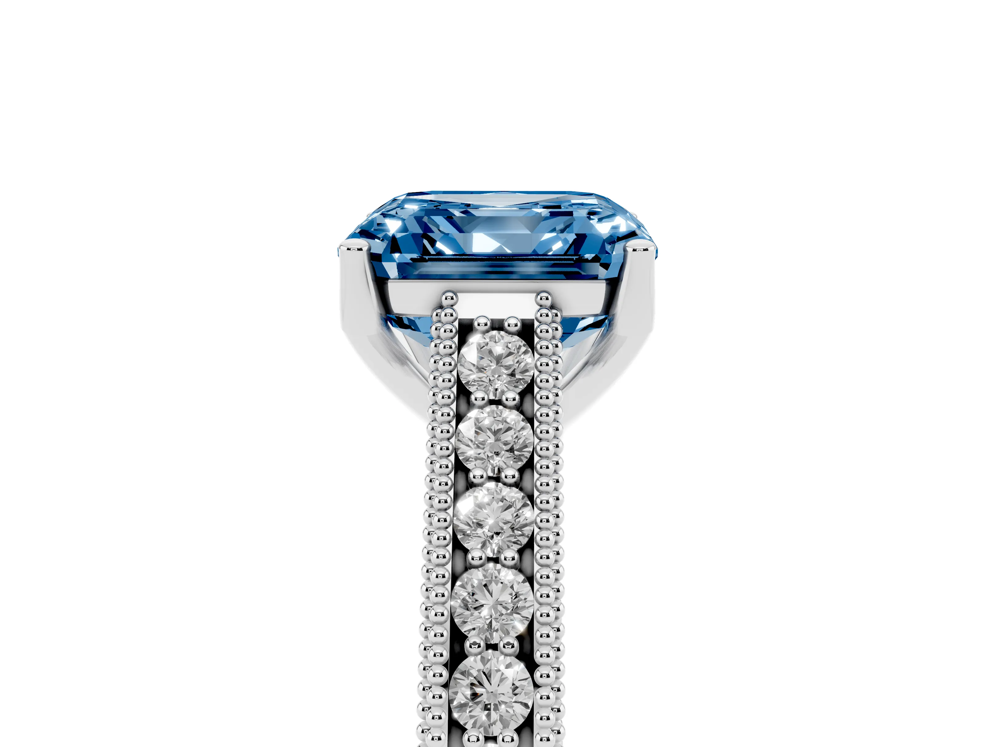 Fancy Blue Asscher Cut Diamond Milgrain Pavé Band Solitaire Ring Set in Platinum with Prong Setting