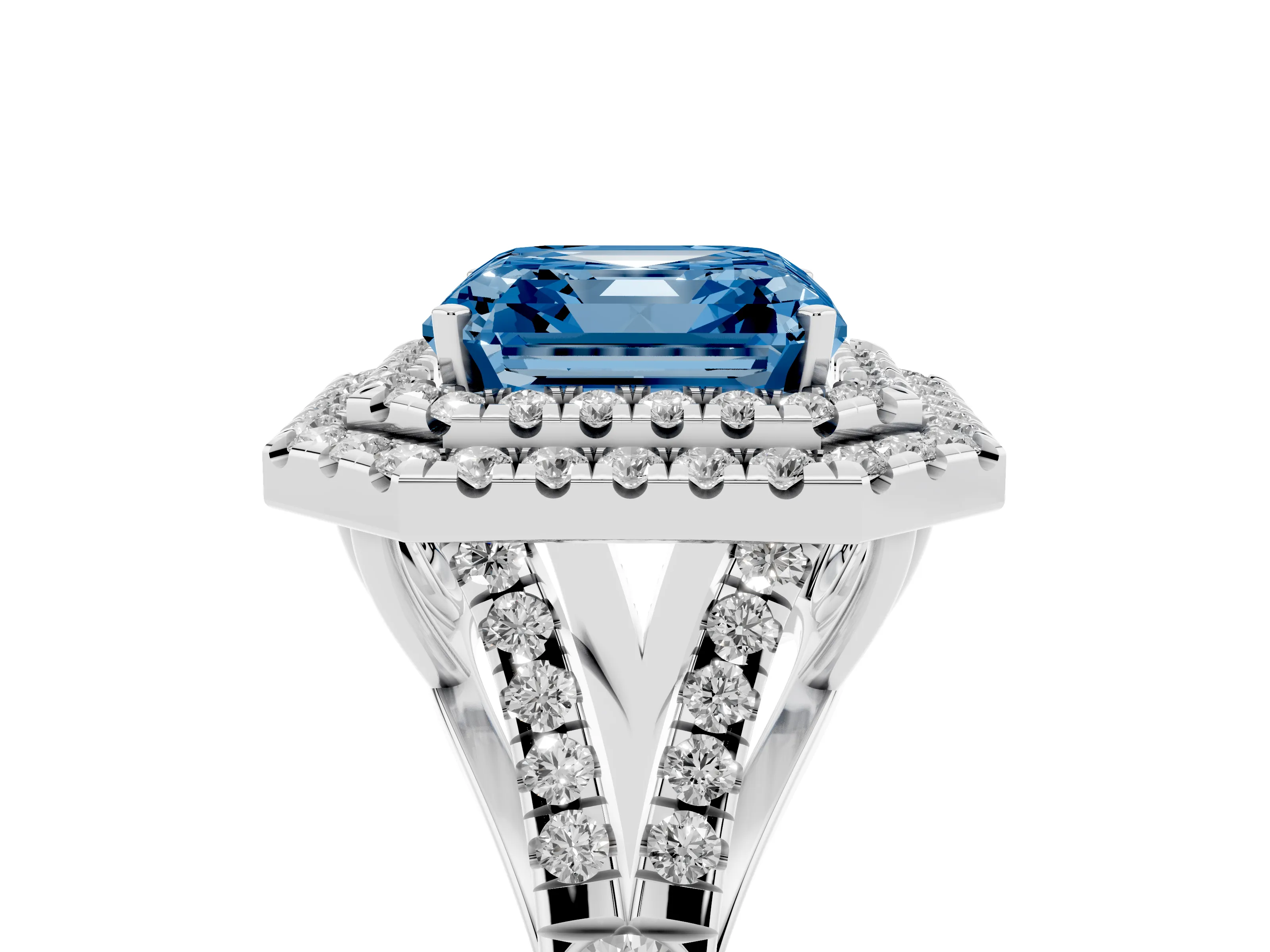 Fancy Blue Asscher Cut Diamond Pavé Split Shank Double Halo Engagement Ring Set in Platinum
