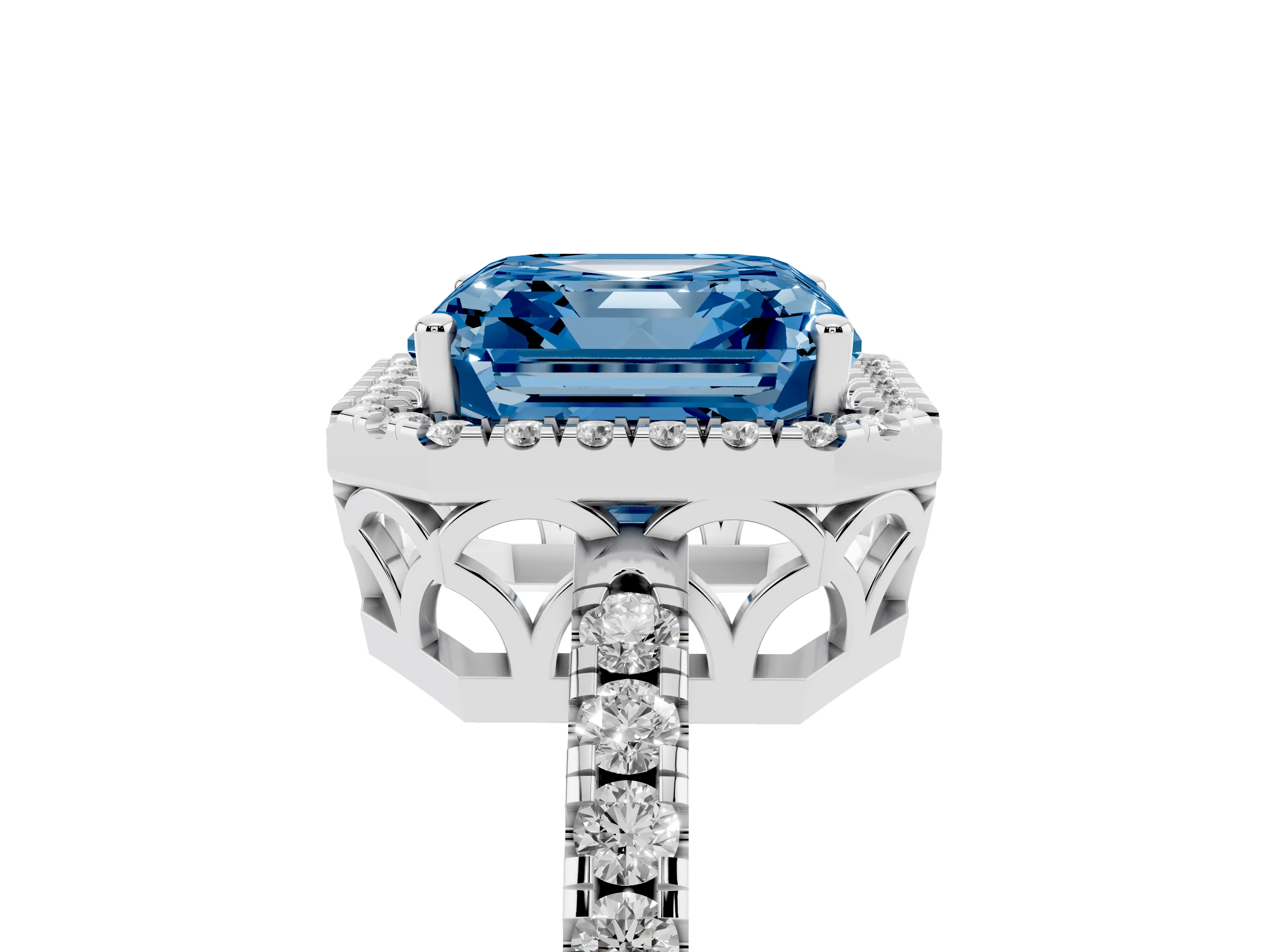 Fancy Blue Asscher Cut Diamond Pavé Band Halo Engagement Ring Set in White gold with Prong Setting
