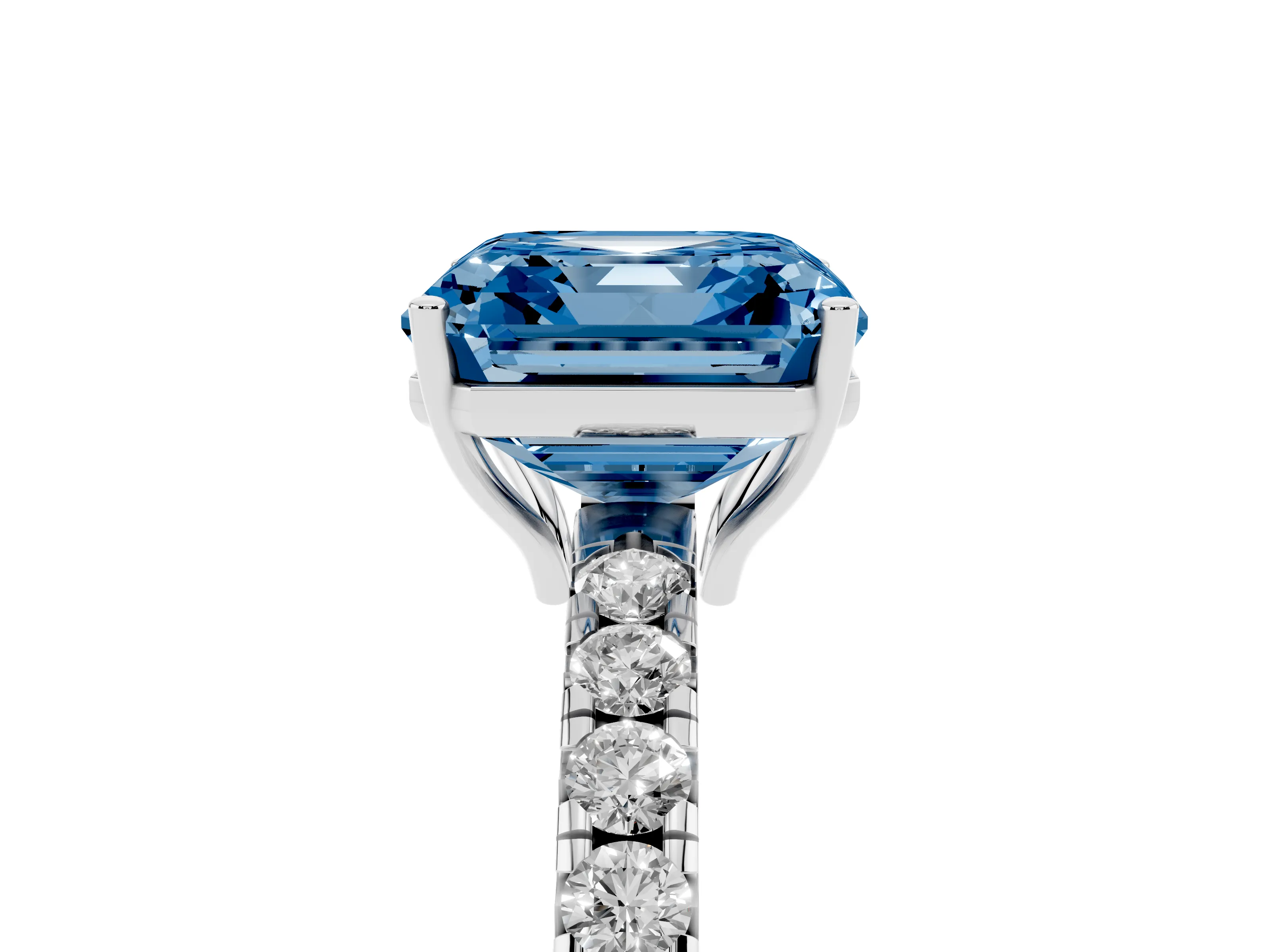 Fancy Blue Asscher Cut Diamond Pavé Solitaire Engagement Ring Set in Silver with Prong Setting