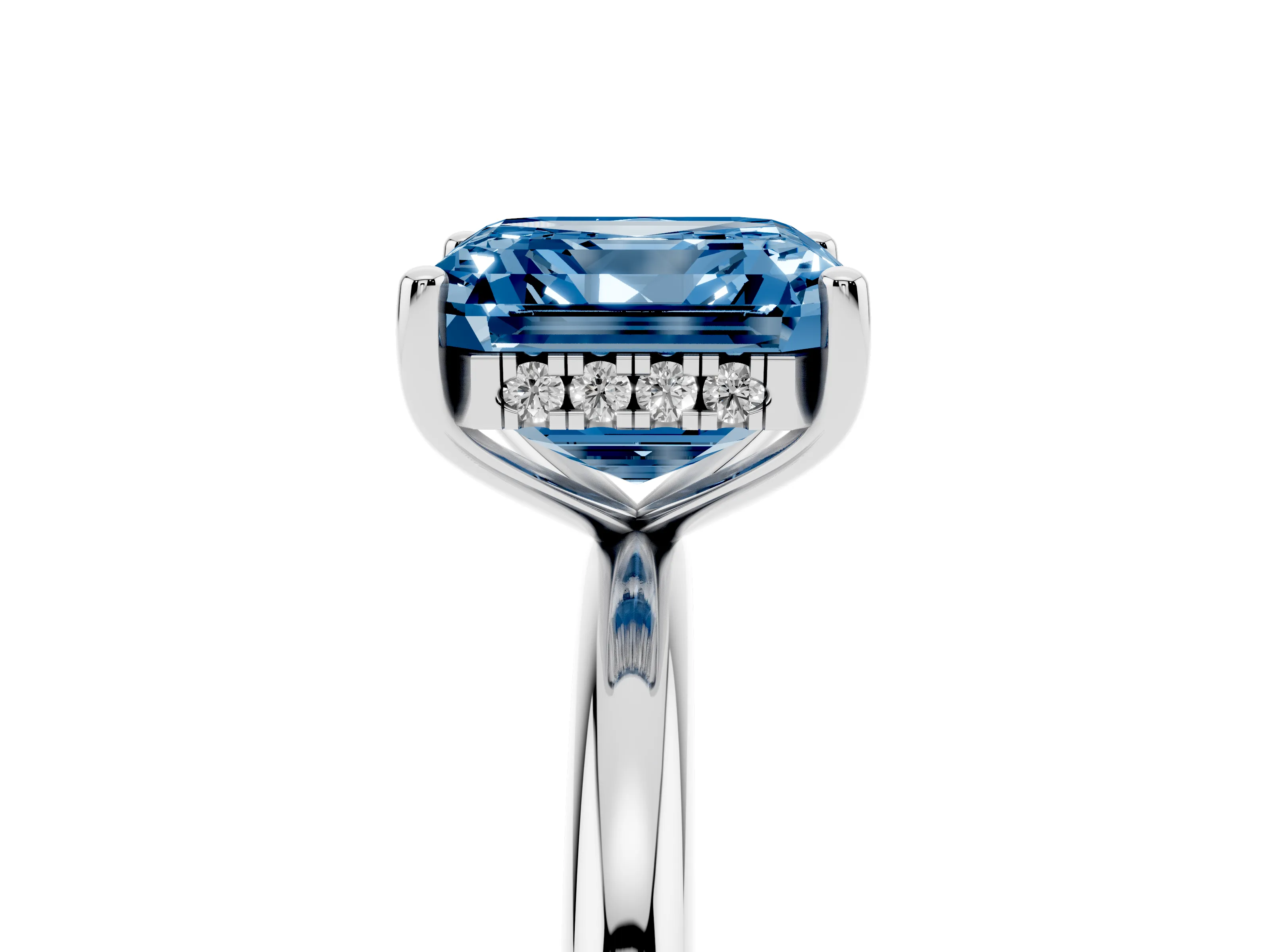 Fancy Blue Asscher Cut Diamond Solitaire Engagement Ring Set in White gold with Prong Setting and Polished Band