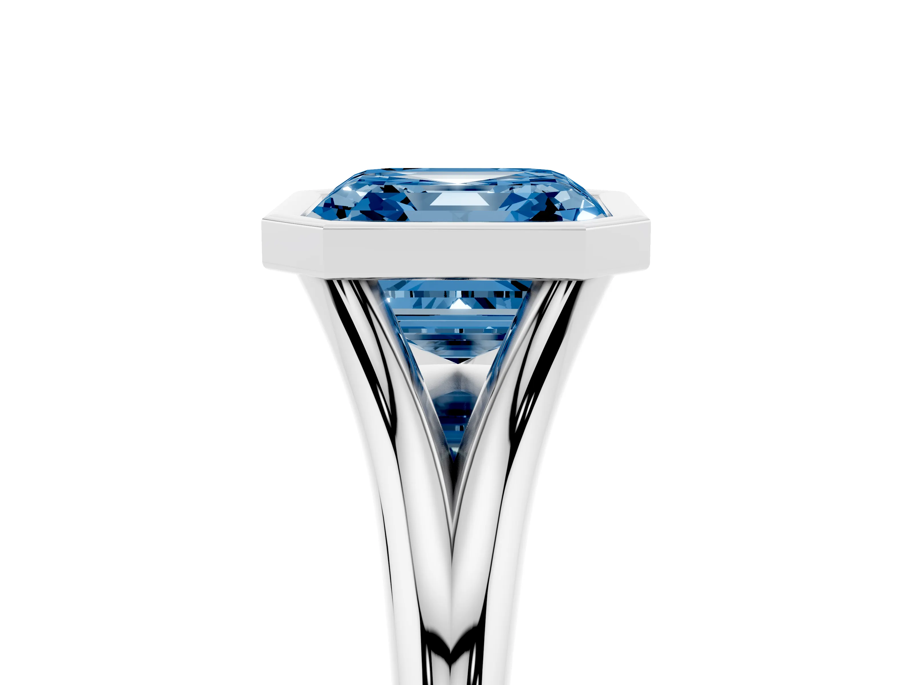 Fancy Blue Bezel Set Asscher Cut Diamond Solitaire Ring Set in Platinum with Tapered Band