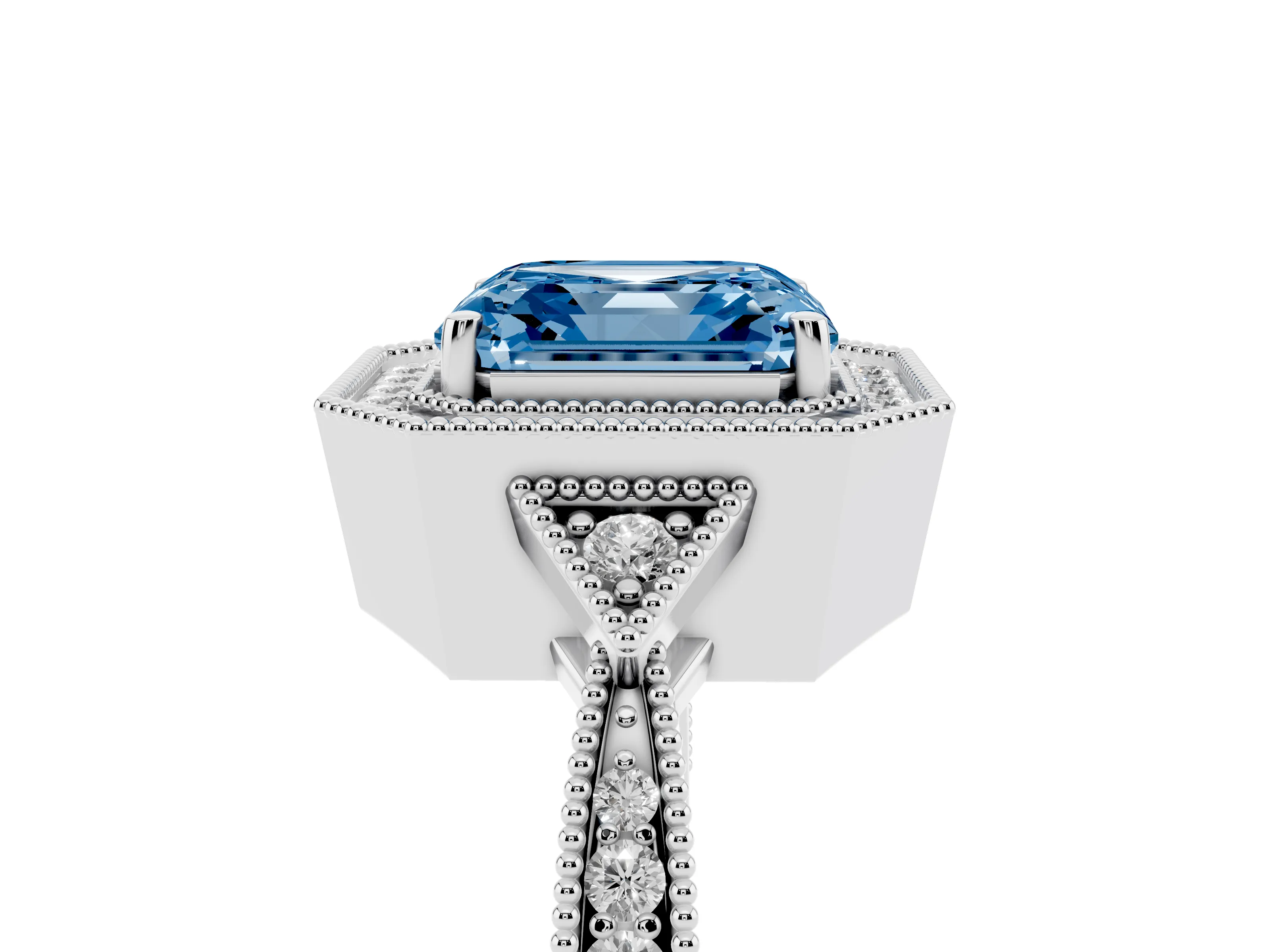 Fancy Blue Asscher Cut Diamond Halo Engagement Ring Set in White gold with Milgrain Pavé Band