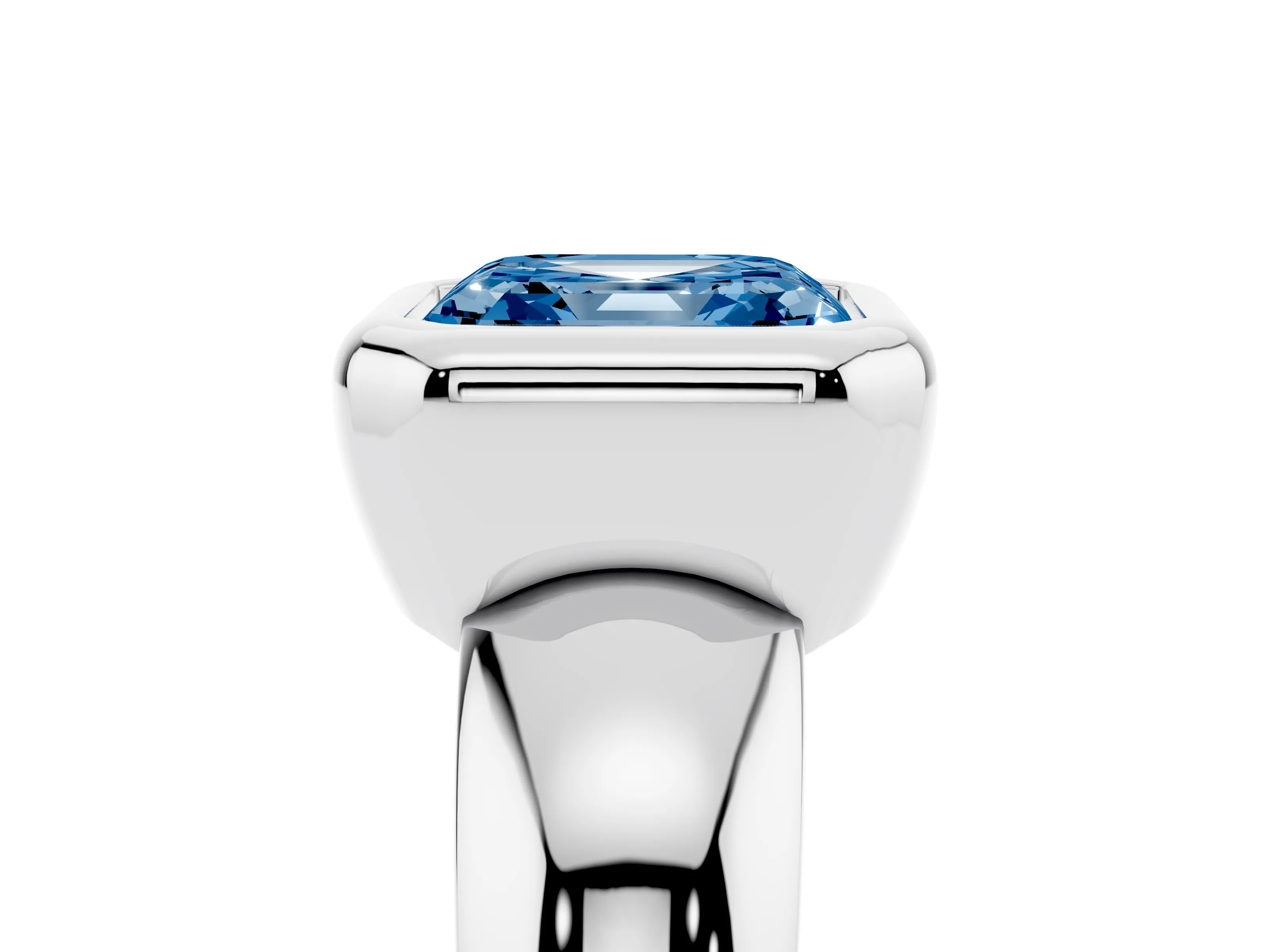 Fancy Blue Bezel Set Asscher Cut Diamond Solitaire Ring Set in Silver with Wide Band