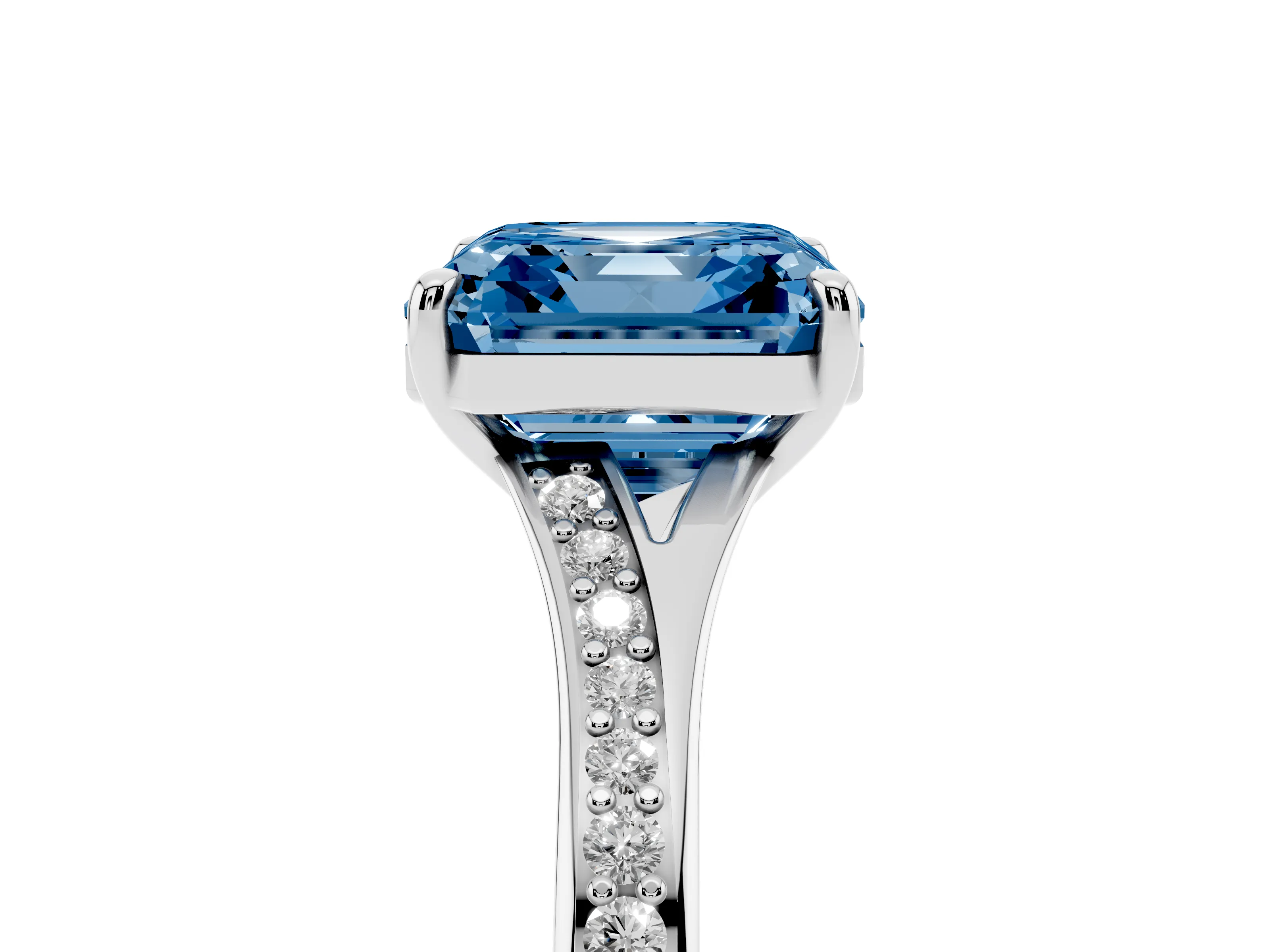 Fancy Blue Asscher Cut Diamond Solitaire Ring Set in Silver with Pavé Accent Band and Classic Prong Setting