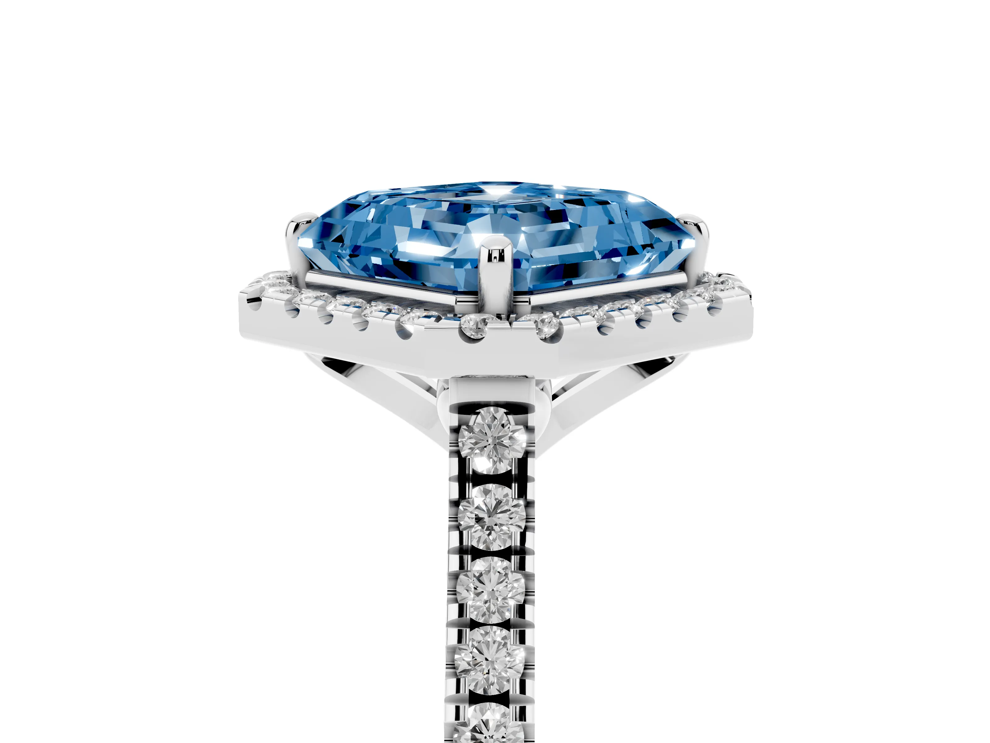 Fancy Blue Asscher Cut Diamond Cushion Halo Ring Set in Silver with Pavé Band