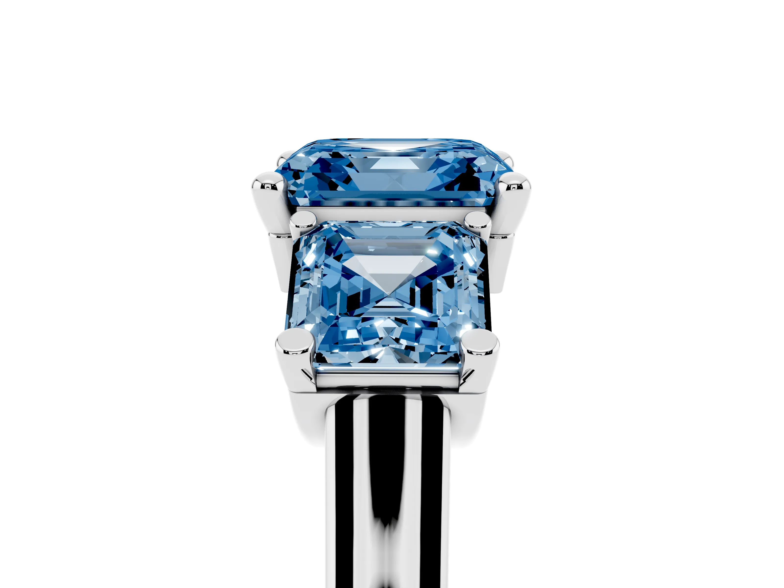 Fancy Blue Asscher Cut Diamond Three-Stone Trellis Ring Set in White gold with Comfort Fit Band