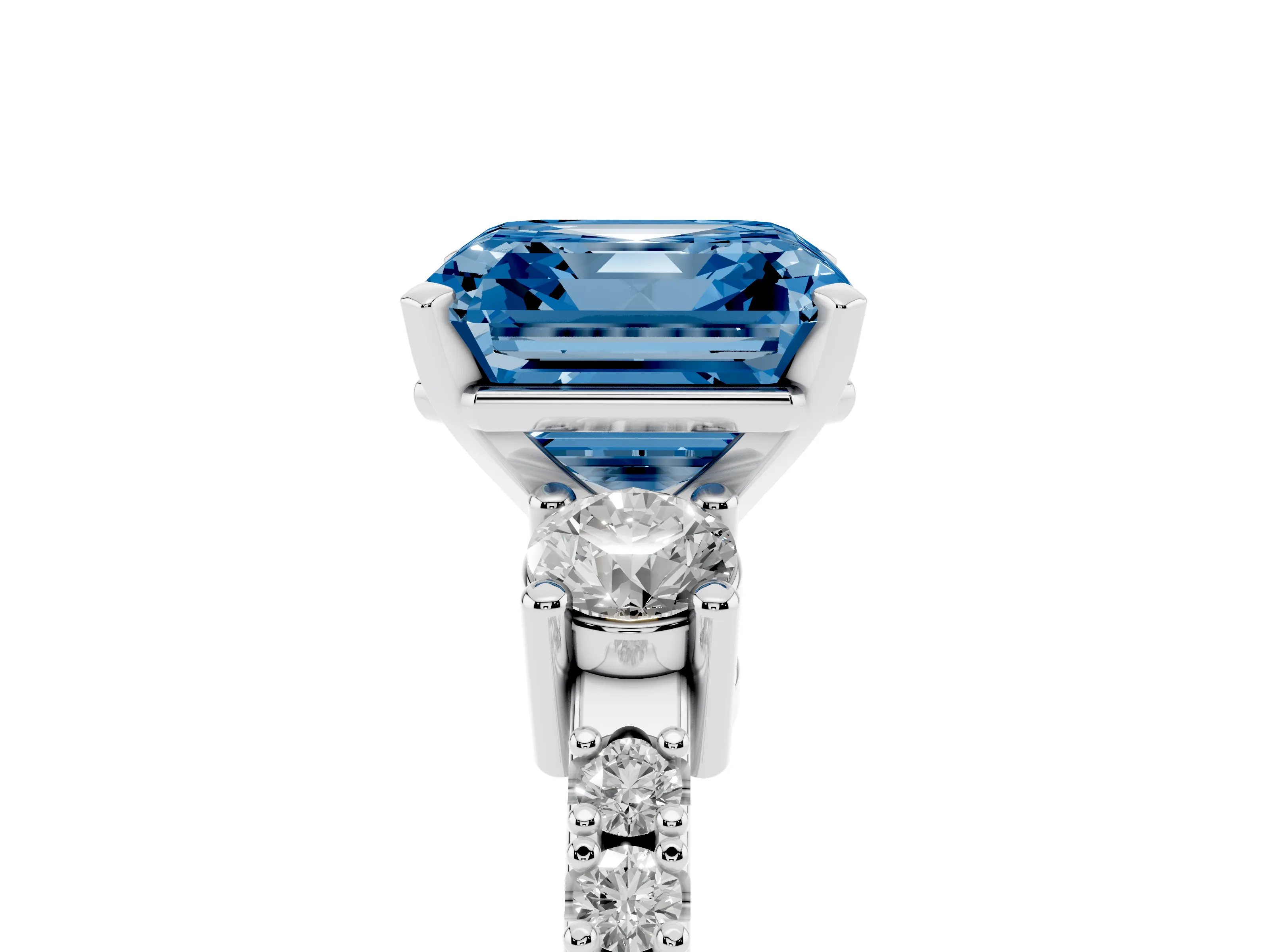 Fancy Blue Three-Stone Asscher Cut Diamond Pavé Band Ring Set in Silver with Prong Setting