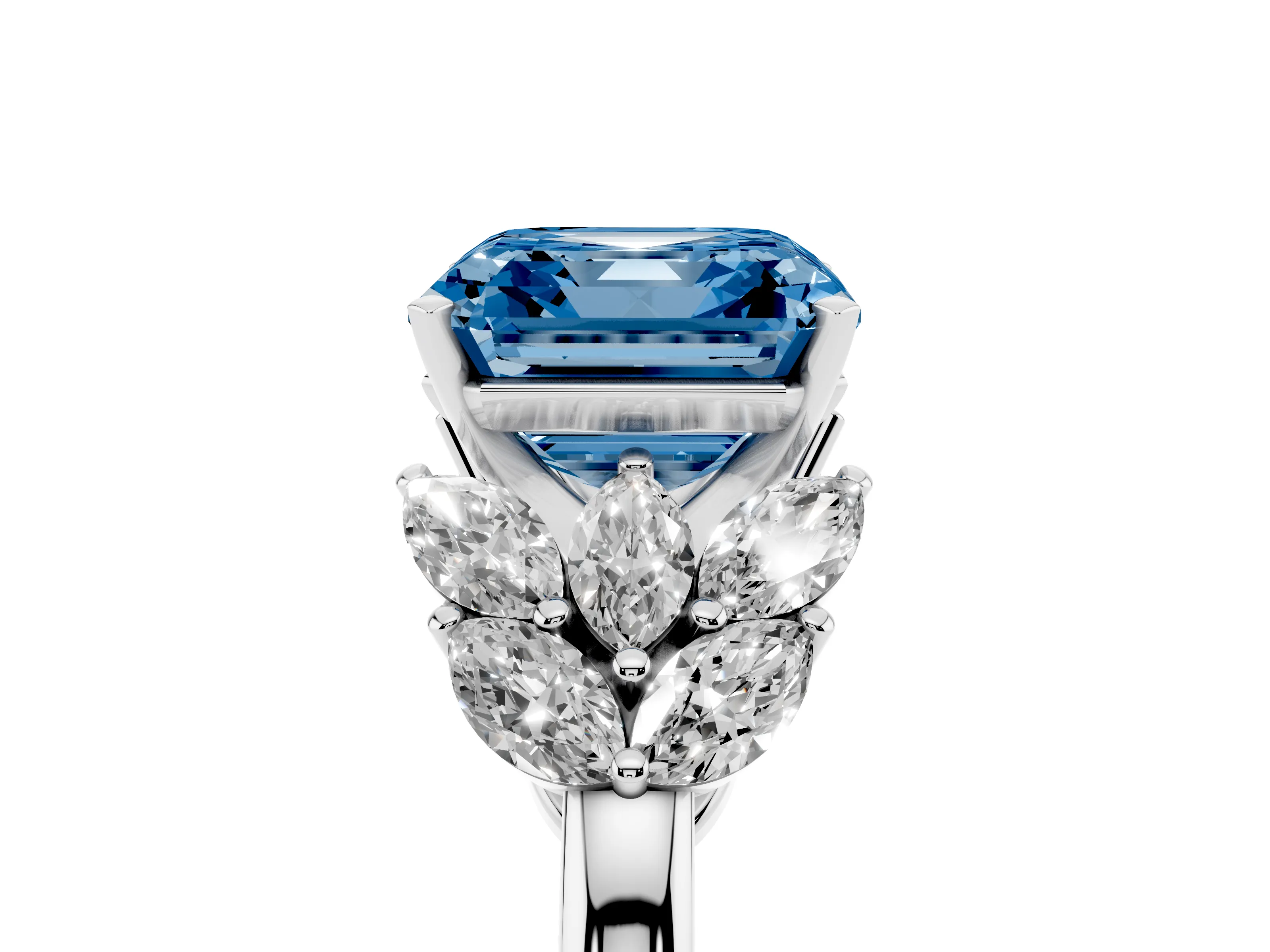 Fancy Blue Asscher Cut Diamond Cluster Leaf Design Ring Set in White gold with Prong Setting
