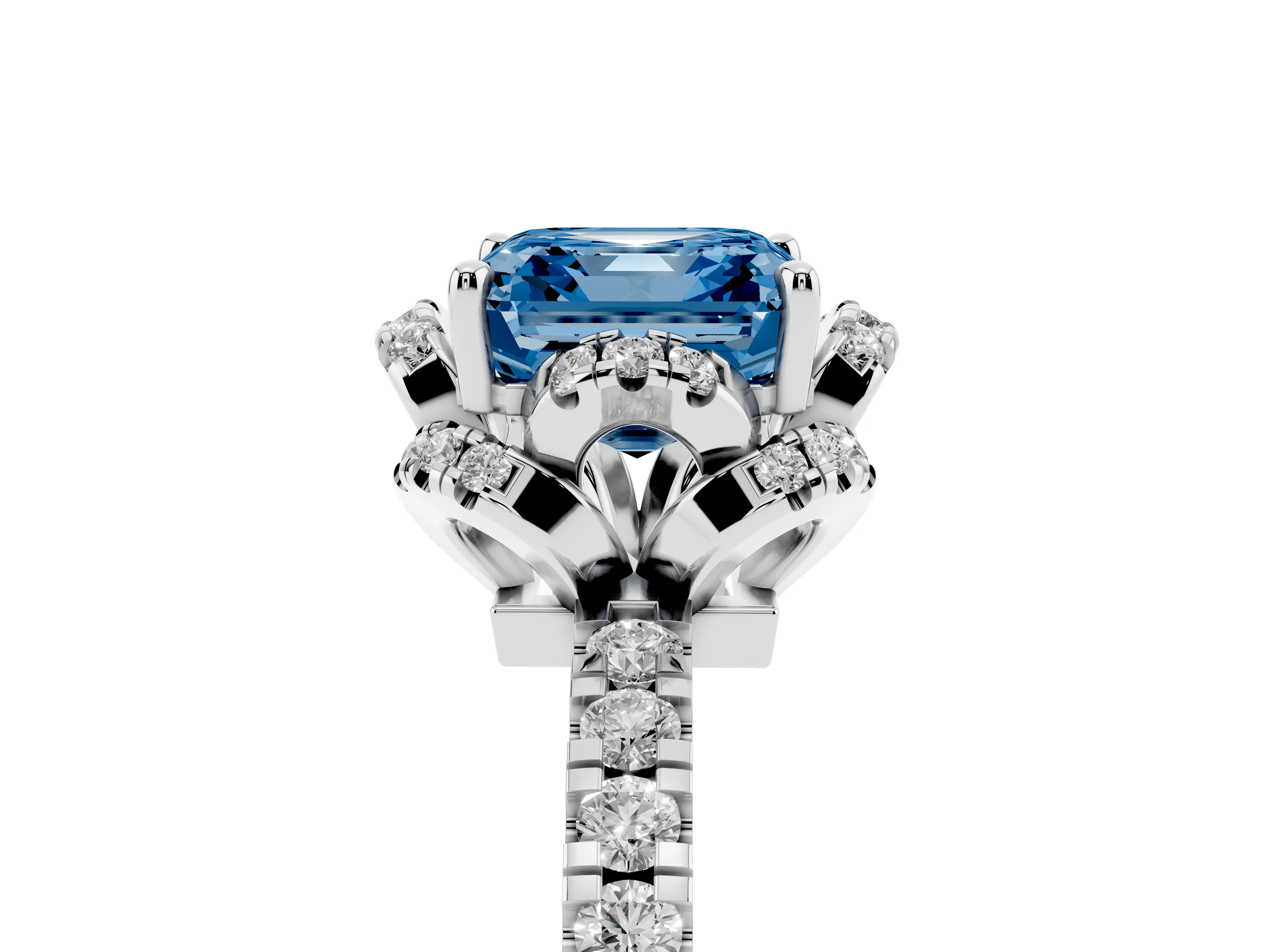 Fancy Blue Asscher Cut Diamond Halo Pavé Band Ring Set in Silver with Prong-Held Center