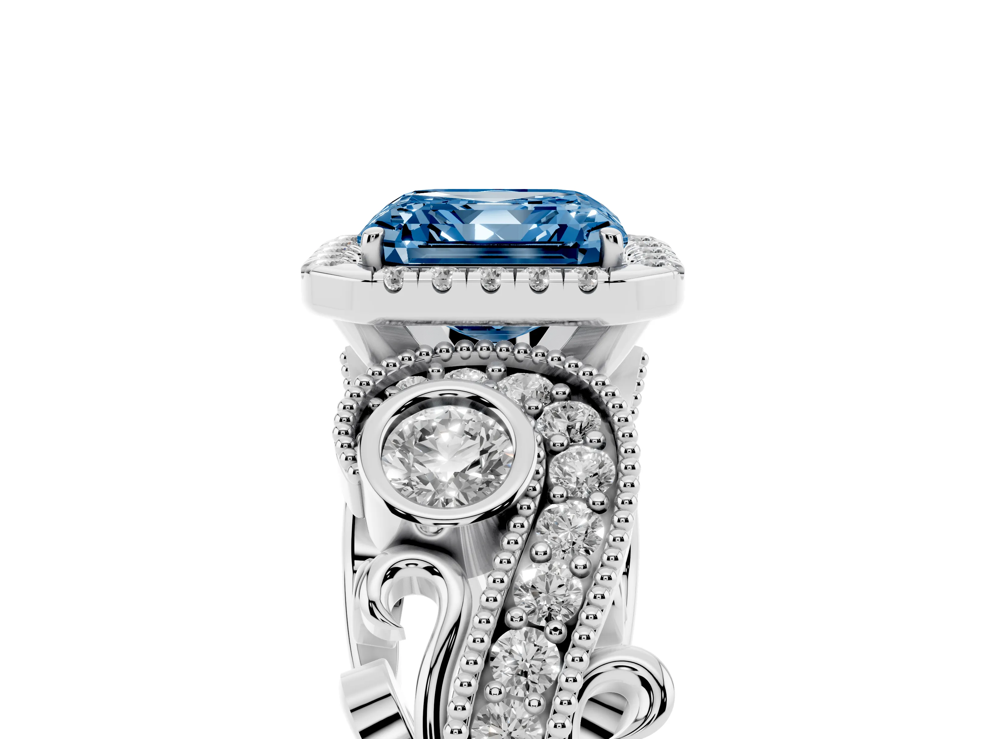 Fancy Blue Asscher Cut Diamond Halo Ring Set in Silver with Milgrain Pavé Band and Prong Setting