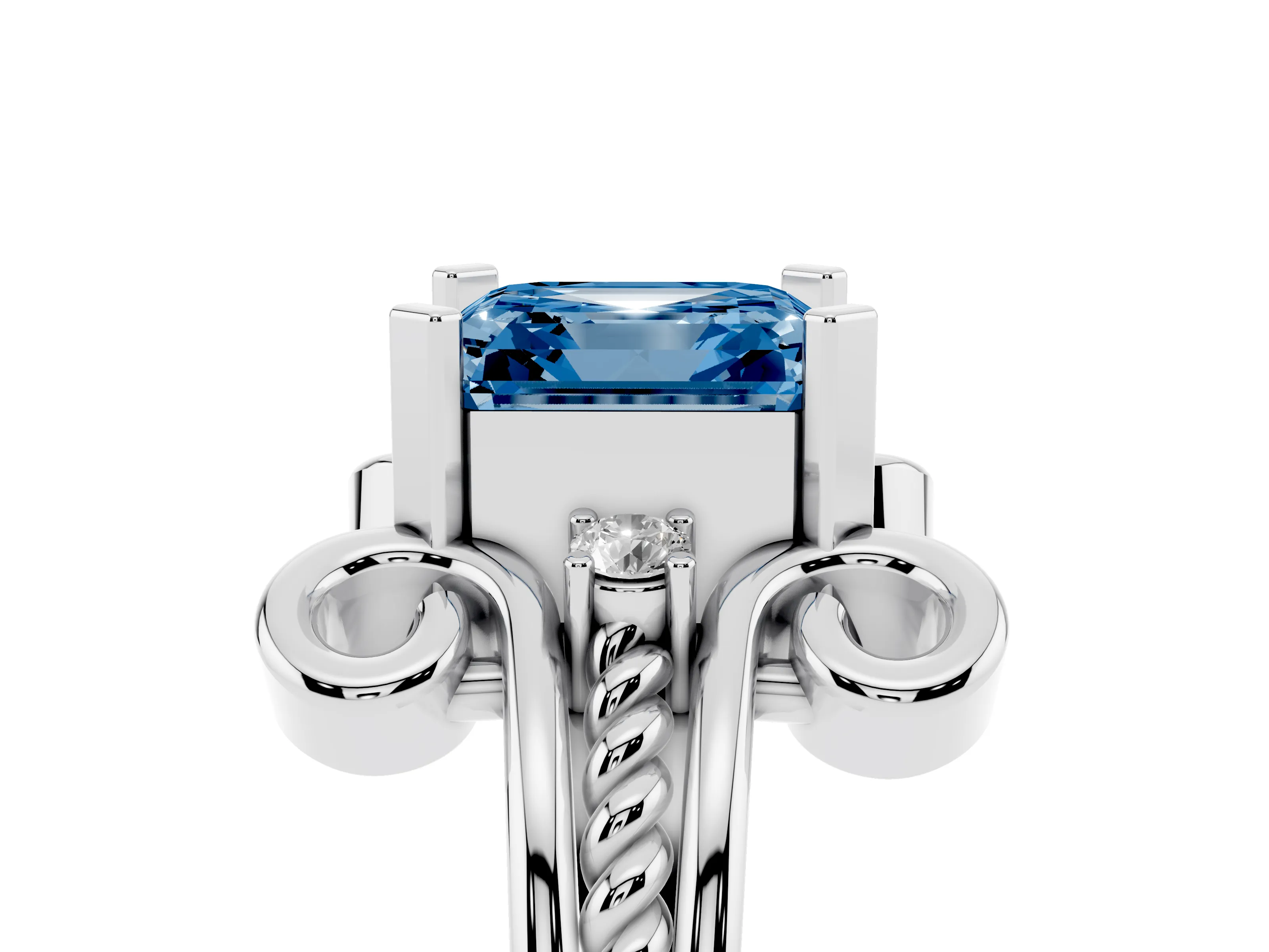 Fancy Blue Asscher Cut Diamond Twisted Band Solitaire Ring Set in White gold with Scroll Prongs