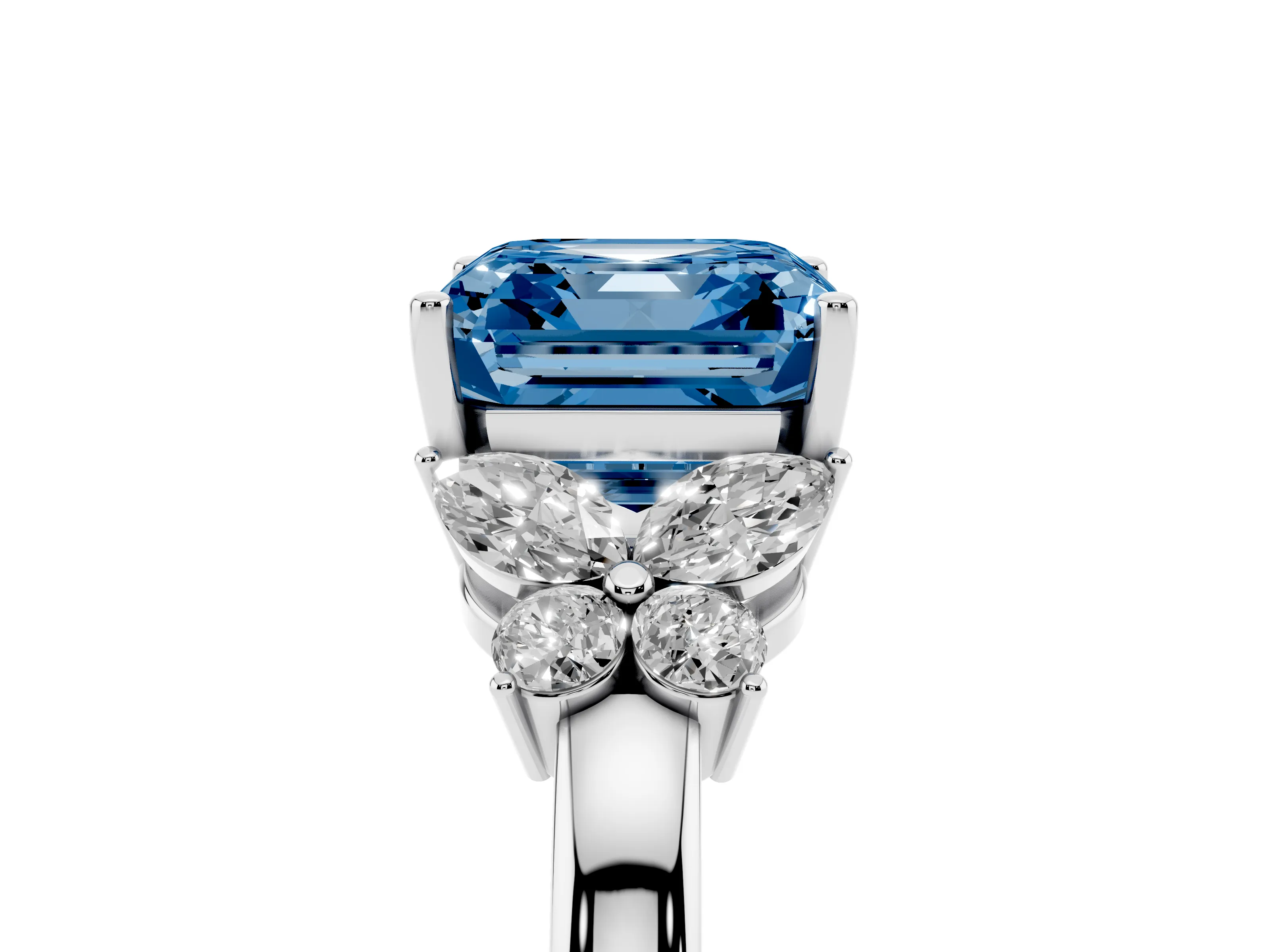 Fancy Blue Asscher Cut Diamond Solitaire Floral Ring Set in Platinum with Marquise Petals and Prong Setting