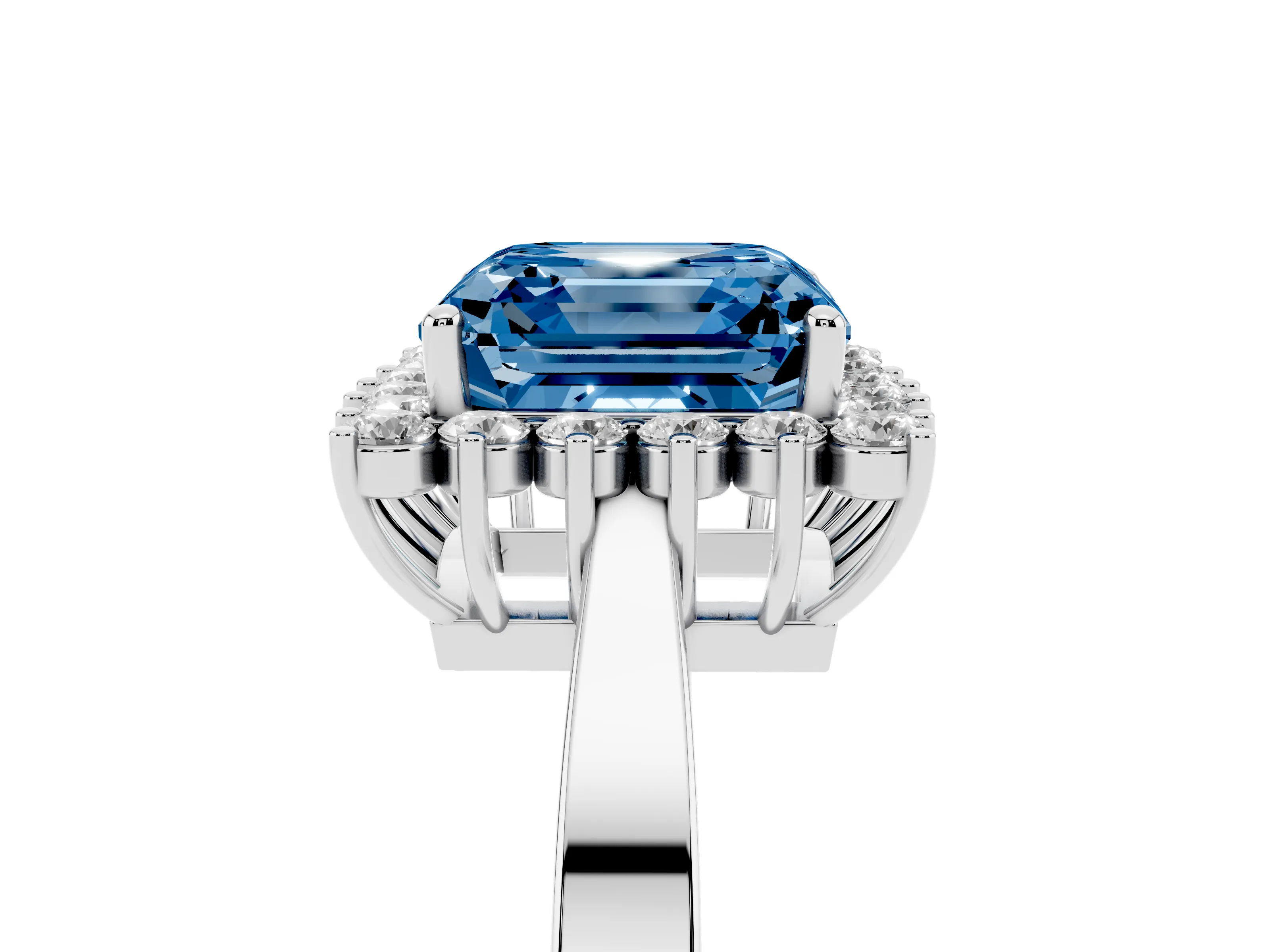 Fancy Blue Asscher Cut Diamond Halo Ring Set in Platinum with Round Halo and Smooth Solitaire Band