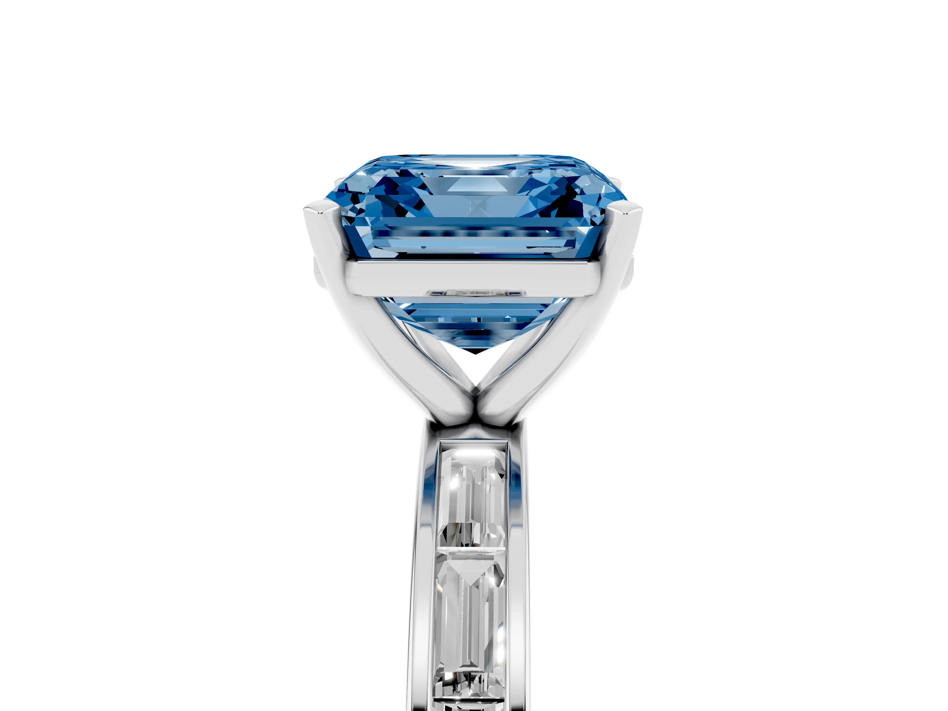 Fancy Blue Asscher Cut Diamond Solitaire Ring Set in White gold with Channel-Set Baguette Band and Prong Setting