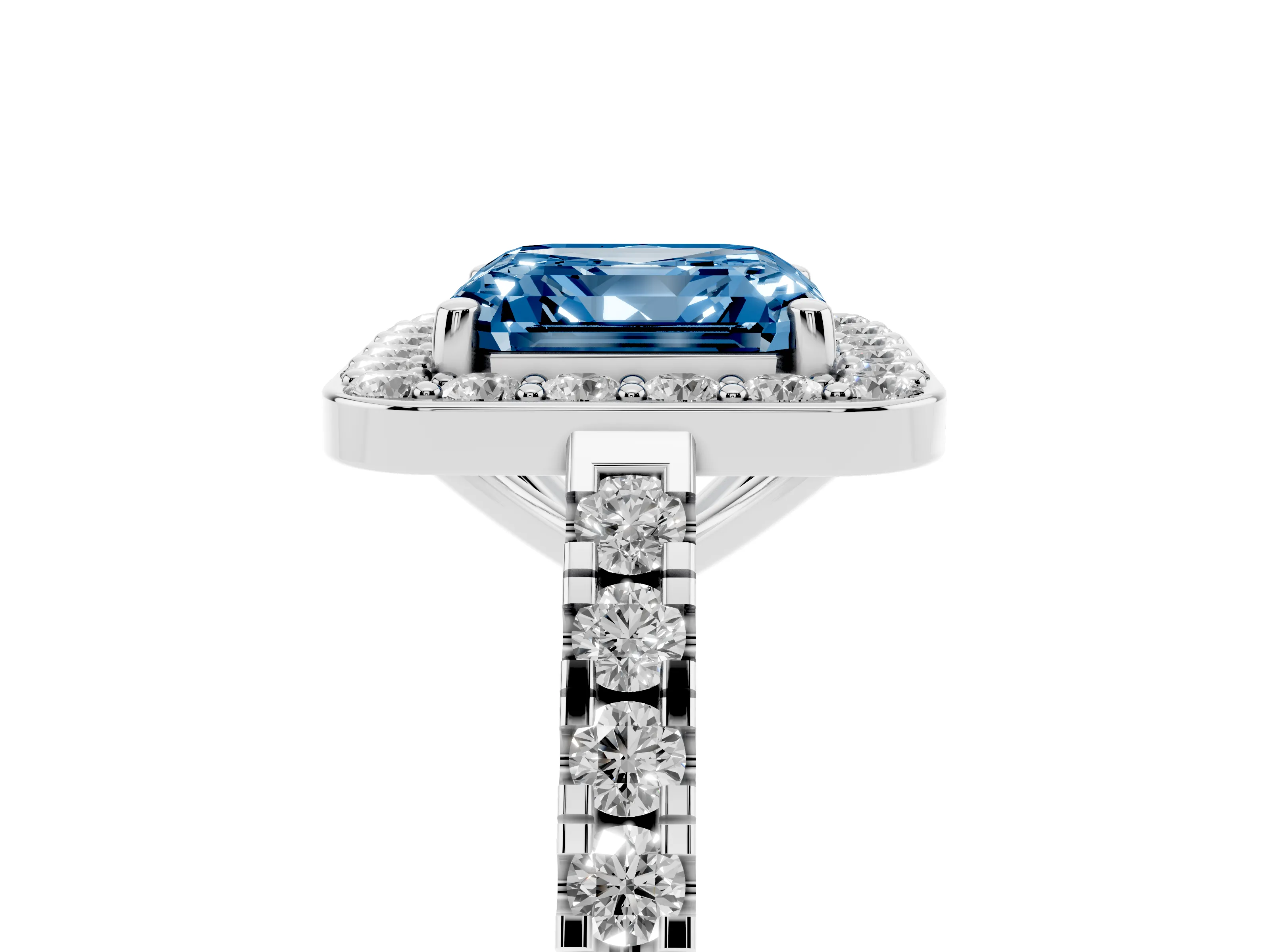 Fancy Blue Asscher Cut Diamond Halo Ring Set in Silver with Round Pavé Split Shank and Prong Setting