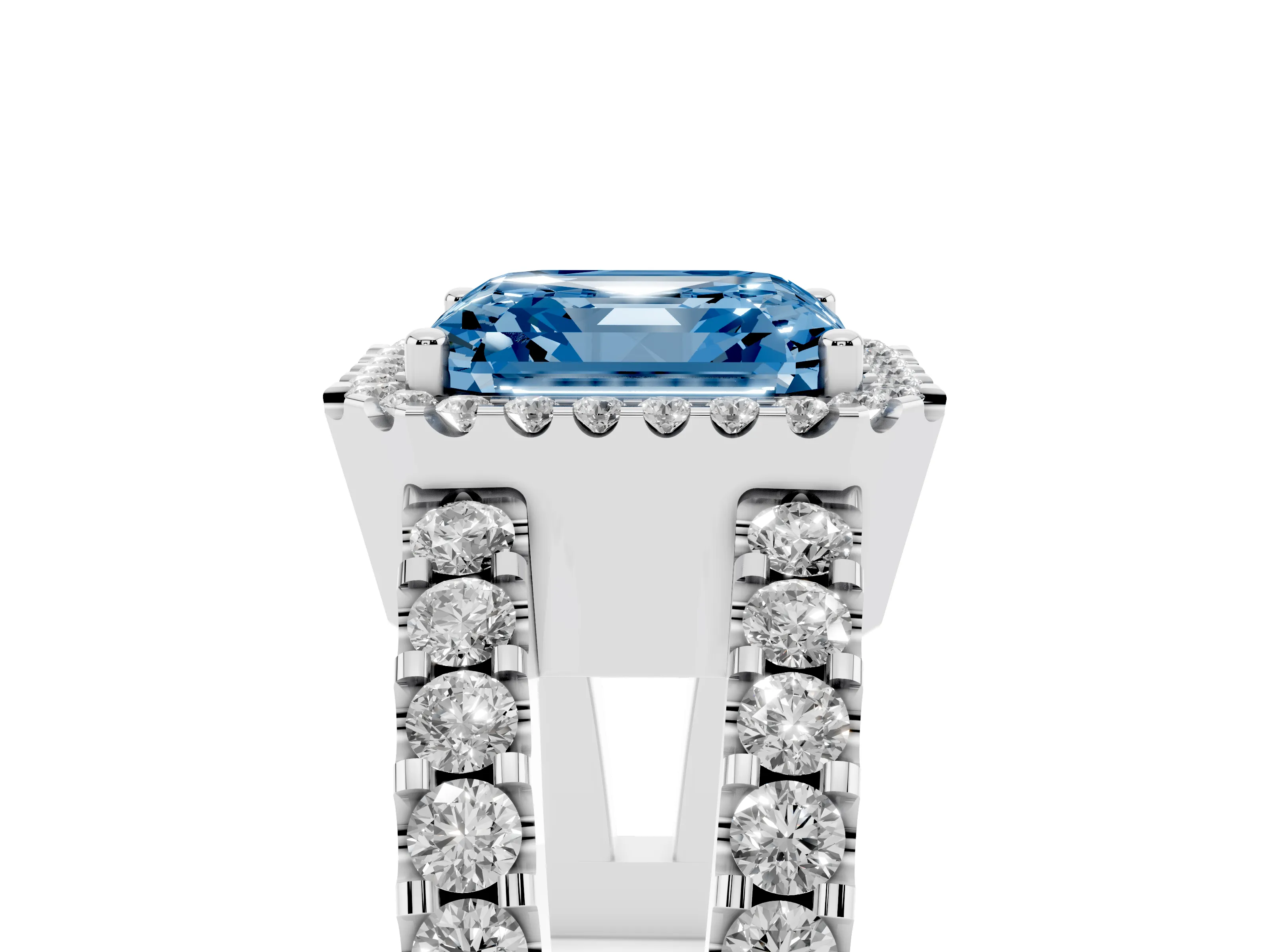 Fancy Blue Asscher Cut Diamond Halo Ring Set in Platinum with Pavé Split Shank and Prong Setting