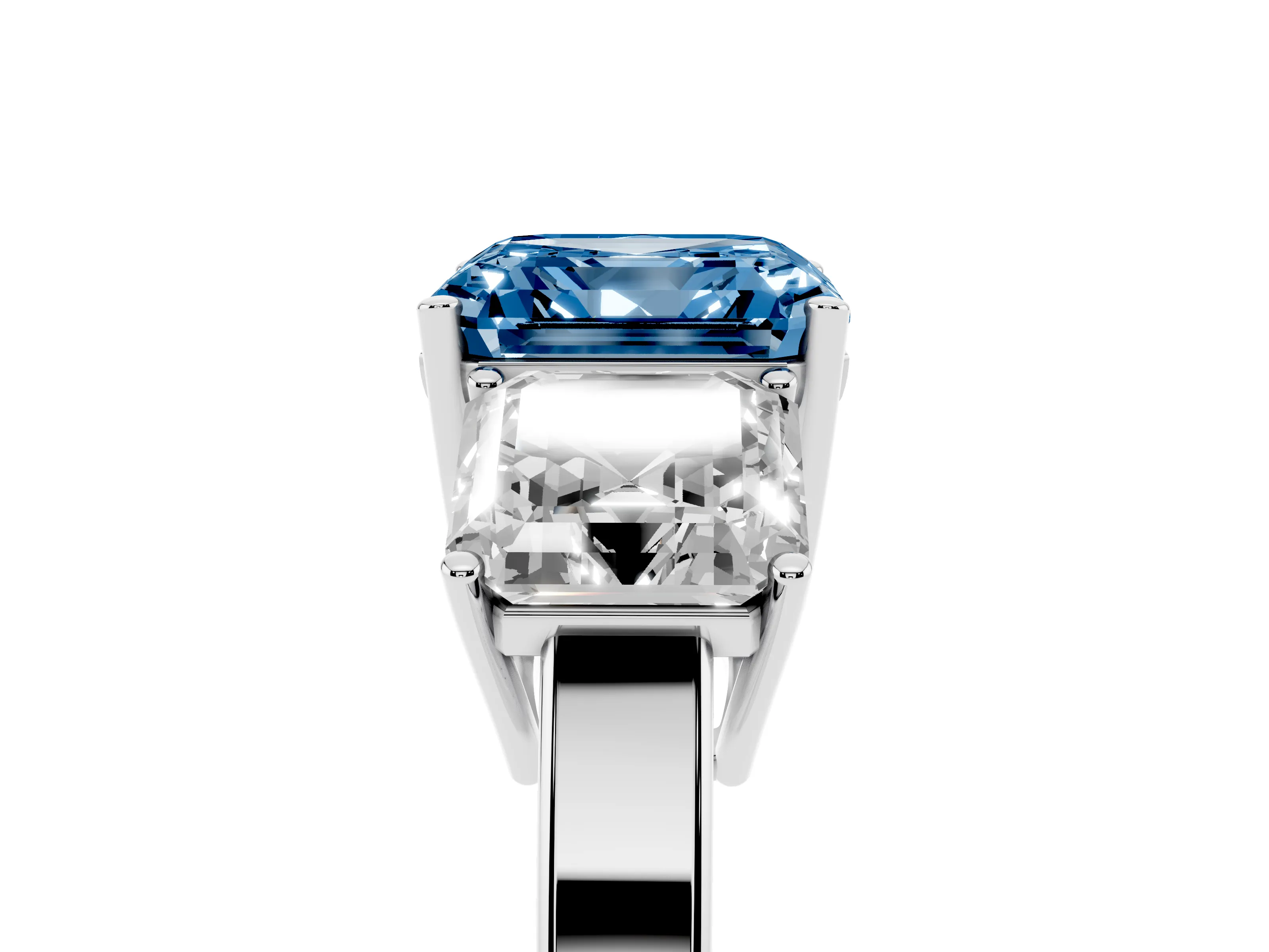Fancy Blue Asscher Cut Diamond Three-Stone Engagement Ring Set in Platinum with Flat Band